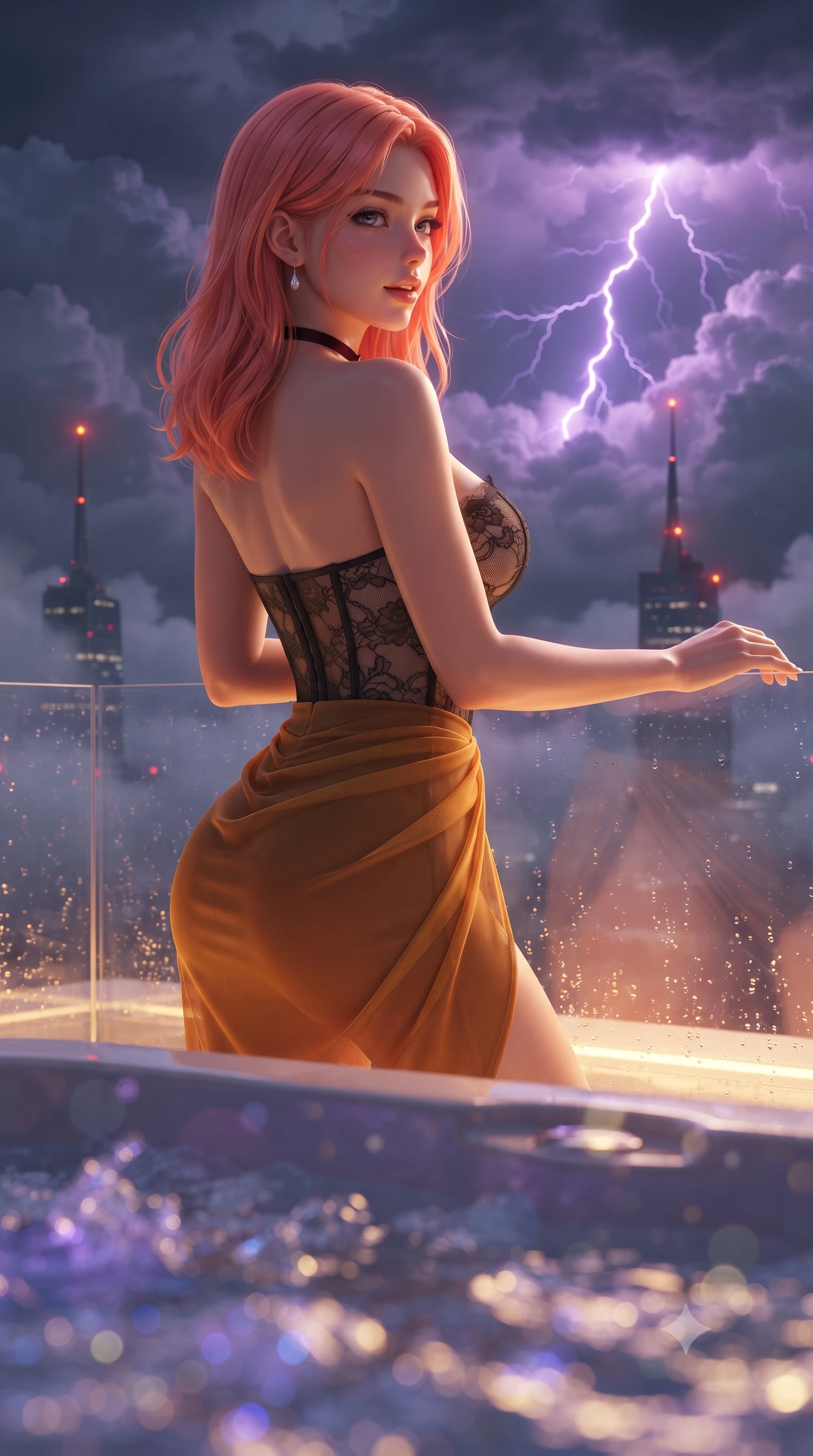 score_9, masterpiece, best quality, ultra-detailed, high-budget anime keyframe, editorial fashion photography, tasteful artistic composition, Japanese woman. close-up cowboy shot from the waist and thighs up, the character dominates the composition, filling the frame with her large presence. posing in an alluring rear three-quarter angle, looking over a bare shoulder with parted glossy lips, her hips cocked back to highlight her slim hourglass curve while leaning against the transparent jacuzzi wall with hips cocked back, looking over a bare shoulder toward lightning dancing in neon clouds. The background shows a soft-focus swirling storm clouds illuminated by purple lightning, distant skyscraper spire warning beacons, and bubbling water blurred into violet, sapphire, and gold bokeh. She has an exceptionally elegant, slender, and willowy female figure with an ultra-slim waist, flat toned midriff, narrow ribcage, and sculpted feminine hips creating an alluring, slim hourglass silhouette without bulk. sharp v-shaped jawline, high-bridge nose, sparkling eyes with hypnotic seductive depth, thick curled eyelashes, glossy parted lips with a natural dewy peach sheen, alluring bedroom-eyes with an enchanting coquettish smile, exuding magnetic siren charisma and sophisticated glamour, flawlessly proportioned anatomical accuracy, strict slender model proportions, natural body alignment, perfectly sculpted long slender limbs, ultra-slim waistline, clean dynamic posture without body distortion. wearing a sculpted underwire demi-bustier in semi-sheer lace paired with an ultra-short draped tulip skirt in warm amber honey and antique gold leaf, made of semi-opaque stretch illusion mesh with soft shadowy contours, finished with a thin velvet ribbon choker and a single teardrop diamond pendant, the high-slit wrap tailoring accentuating her ultra-slim waistline and the enchanting curve of her feminine hips with alluring seductive charm. bathed in warm 3200K underwater tub illumination paired with sudden electric purple lightning flashes from passing clouds. ultra-reflective glossy finish, specular highlights, rich textural contrasts, high-contrast stereoscopic depth, volumetric dynamic lighting, 2k, ultra detail, master piece, 9:16 ratio