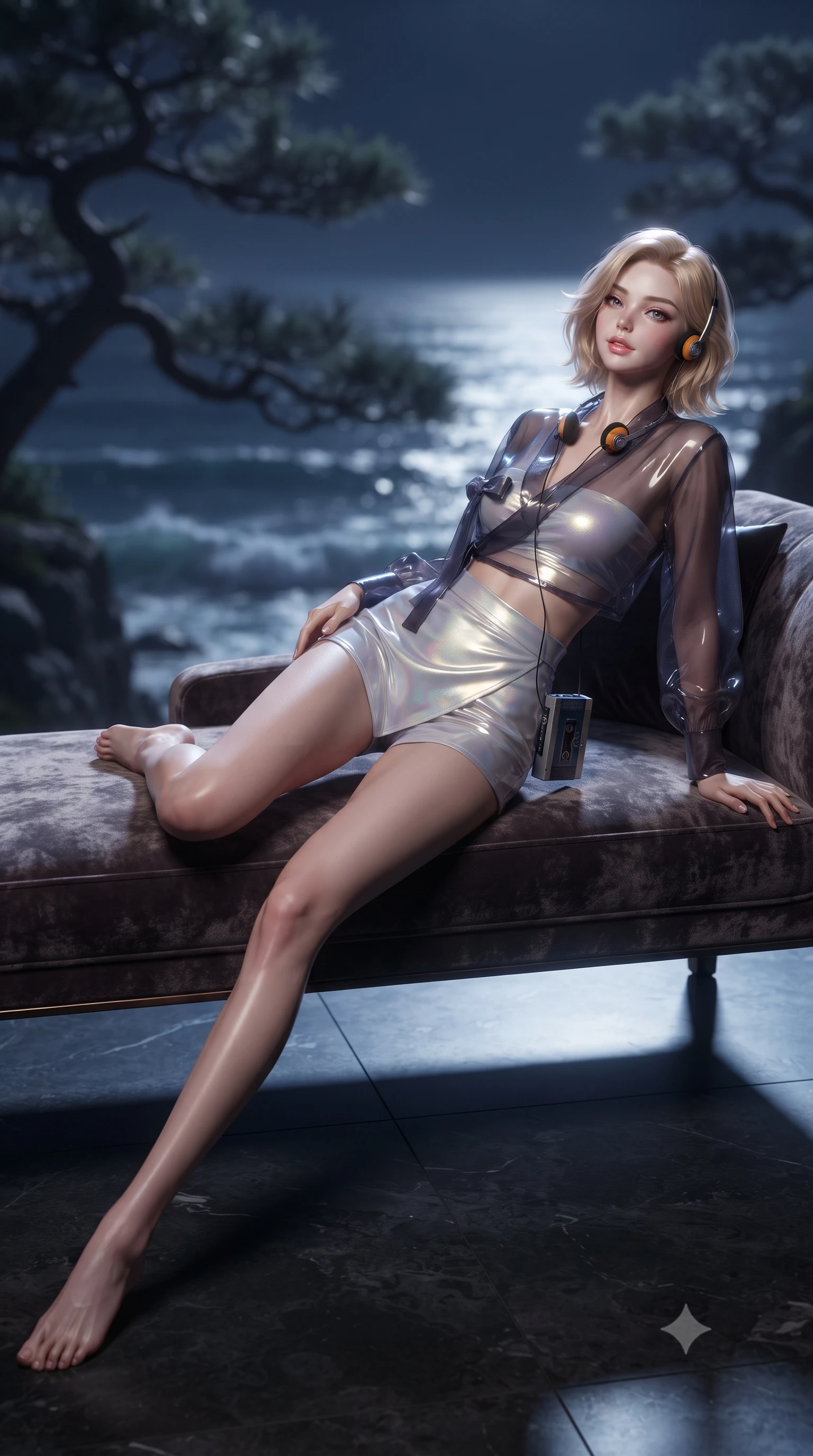 score_9, masterpiece, best quality, ultra-detailed, high-budget anime keyframe, editorial fashion photography, tasteful artistic composition, Caucasian woman. low angle full-body shot from head to toe showing her feet, filling the entire 9:16 vertical frame with her statuesque presence, stretching her vertical silhouette. reclining gracefully across the plush chaise lounge with one leg extended, her sculpted silhouette and flat midriff radiating magnetic nocturnal glamour while standing at the edge of the open-air cliffside pavilion, arching her spine with dramatic siren poise as sea breezes billow her silk skirt. The background shows a soft-focus gnarled ancient pine silhouettes and rolling ocean waves below blurred into deep midnight navy, silver, and charcoal bokeh. She has an absolutely perfect, statuesque 8.5-heads proportion, an exceptionally tall and slender model-like female figure with impossibly long slender legs, an ultra-slim waist, a flat toned midriff, narrow delicate ribcage, and beautifully sculpted feminine hips creating a graceful, slim hourglass silhouette without any bulky heaviness. sharp v-shaped jawline, high-bridge nose, sparkling eyes with hypnotic seductive depth, thick curled eyelashes, glossy parted lips with a natural dewy peach sheen, alluring bedroom-eyes with an enchanting coquettish smile, exuding magnetic siren charisma and sophisticated glamour, flawlessly proportioned anatomical accuracy, strict slender model proportions, natural body alignment, perfectly sculpted long slender limbs, ultra-slim waistline, clean dynamic posture without body distortion. wearing a deep V-neck sheer gossamer hanbok blouse layered over an opaque silk bandeau and high-waisted wrap shorts in iridescent mother-of-pearl and misty lavender, crafted from wet-look high-gloss vinyl fabric with dazzling specular surface reflections, complemented by a retro cassette walkman with vintage foam-padded orange headphones, the high-slit wrap tailoring accentuating her ultra-slim waistline and the enchanting curve of her feminine hips with alluring seductive charm. bathed in brilliant horizontal moonlight sweeping across the ocean surface. ultra-reflective glossy finish, specular highlights, rich textural contrasts, high-contrast stereoscopic depth, volumetric dynamic lighting, 2k, ultra detail, master piece, 9:16 ratio