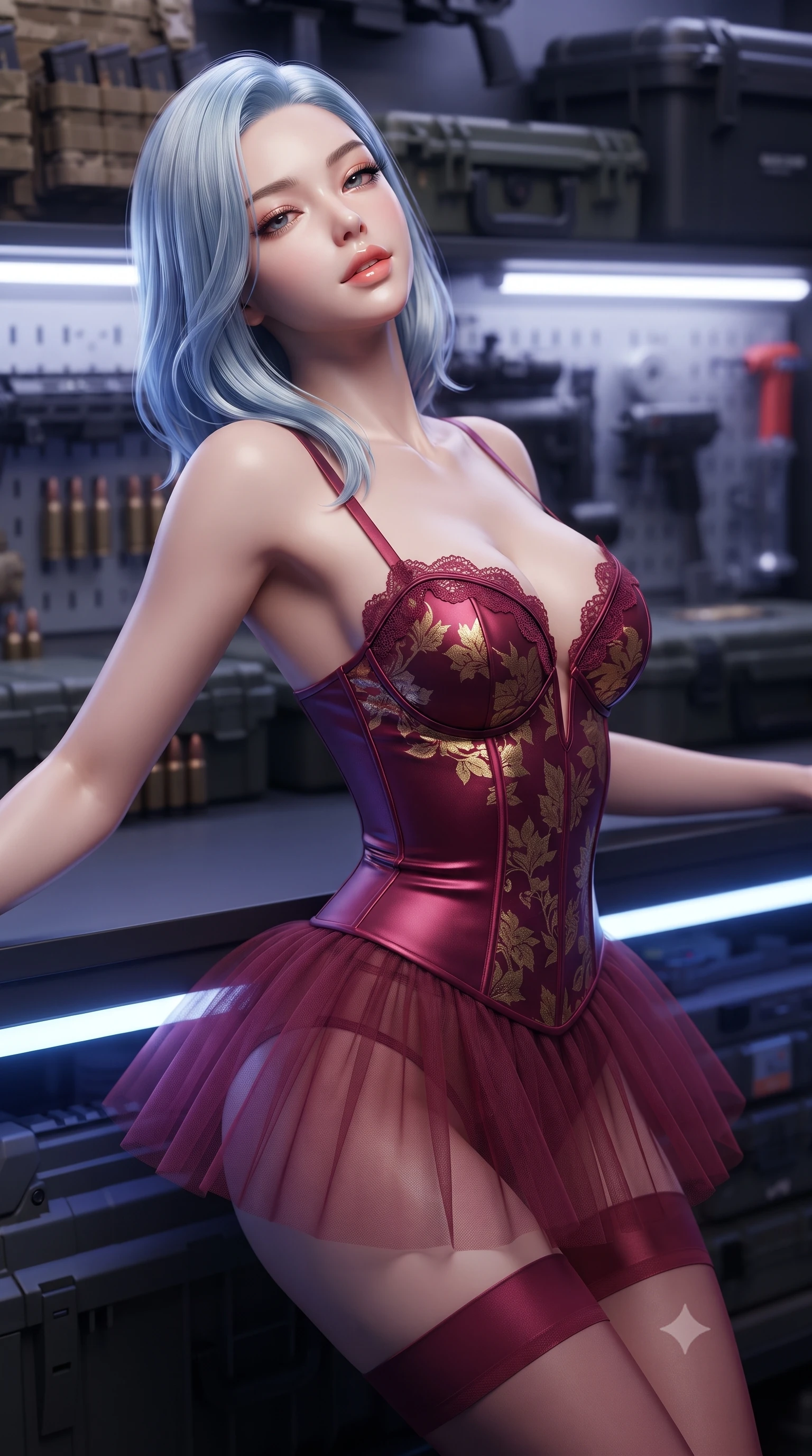 score_9, masterpiece, best quality, ultra-detailed, high-budget anime keyframe, editorial fashion photography, tasteful artistic composition, Korean woman. close-up cowboy shot from the waist and thighs up, the character dominates the composition, filling the frame with her large presence. leaning back against the balustrade with relaxed seductive grace, head tilted back slightly while casting a hypnotic, heavy-lidded gaze while twisting her slender torso in an alluring S-curve, cool LED backlights sculpting her flat midriff, narrow waist, and feminine hip curve. The background shows a soft-focus rows of customized tactical gear, ammunition cases, and tool pegboards blurred into matte carbon, brass, and gunmetal bokeh. She has an exceptionally elegant, slender, and willowy female figure with an ultra-slim waist, flat toned midriff, narrow ribcage, and sculpted feminine hips creating an alluring, slim hourglass silhouette without bulk. sharp v-shaped jawline, high-bridge nose, sparkling eyes with hypnotic seductive depth, thick curled eyelashes, glossy parted lips with a natural dewy peach sheen, alluring bedroom-eyes with an enchanting coquettish smile, exuding magnetic siren charisma and sophisticated glamour, flawlessly proportioned anatomical accuracy, strict slender model proportions, natural body alignment, perfectly sculpted long slender limbs, ultra-slim waistline, clean dynamic posture without body distortion. wearing a plunging sweetheart-neckline boned satin ballet bustier paired with an ultra-short sheer tulle micro-tutu and silk stockings in royal opera house crimson velvet and shimmering gold leaf, woven from buttery-soft stretch lambskin leather adhering to her body like a second skin, finished with scalloped eyelash lace trim framing her sweetheart neckline with intimate elegance, the precision-cut side openings and low-back scoop framing her graceful spine and the sensual sweep of her slim, toned hips. bathed in crisp neutral 5000K LED task lighting radiating from under-cabinet fixtures. ultra-reflective glossy finish, specular highlights, rich textural contrasts, high-contrast stereoscopic depth, volumetric dynamic lighting, 2k, ultra detail, master piece, 9:16 ratio