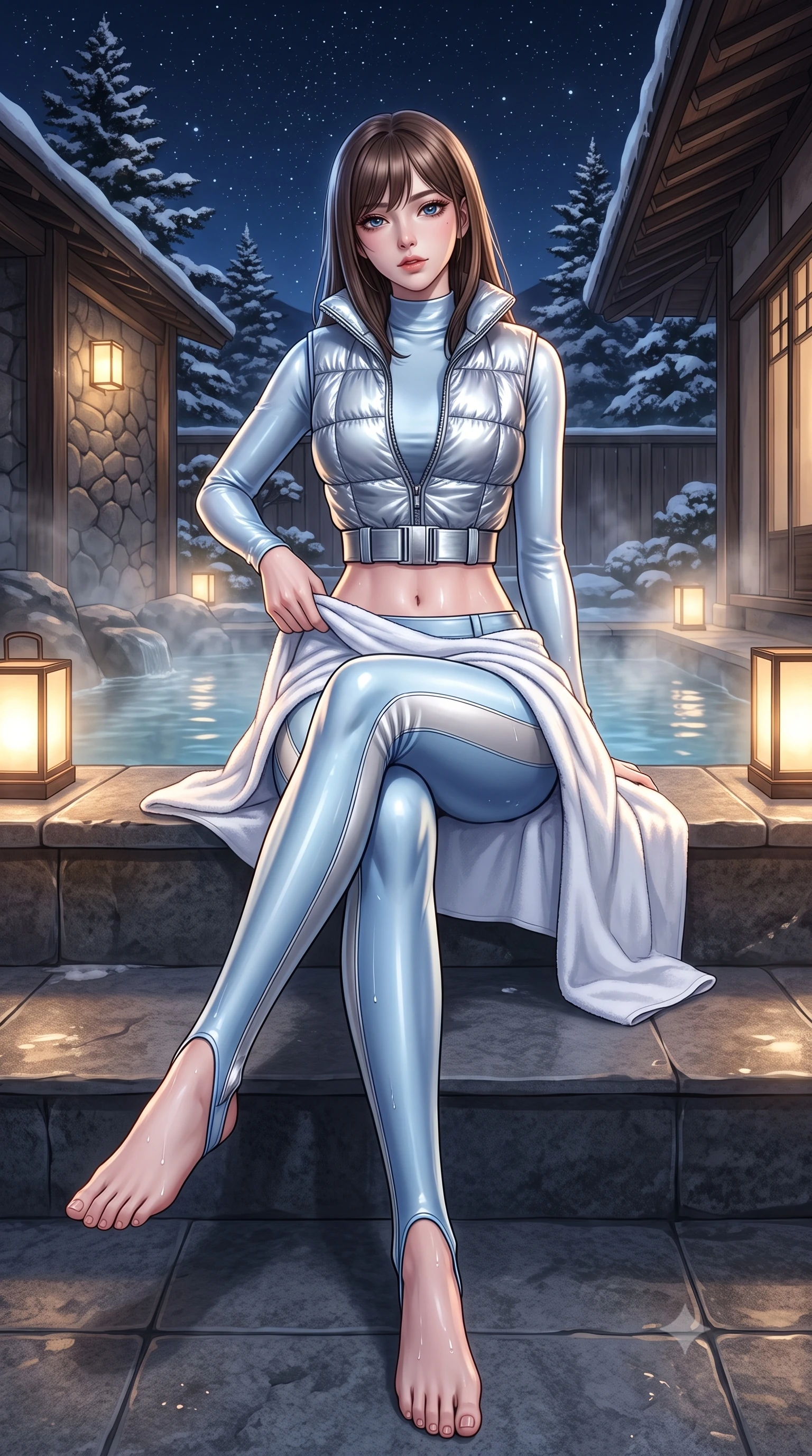 score_9, masterpiece, best quality, ultra-detailed, high-budget anime keyframe, semi-realistic 3D game render, editorial fashion photography, tasteful artistic composition, Korean woman. low angle full-body shot from head to toe showing her feet, filling the entire 9:16 vertical frame with her statuesque presence, stretching her vertical silhouette. sitting poised on the elevated edge with legs crossed and extended, her tall 8.5-heads proportions dominating the scene with effortless poise while stepping out onto the heated stone pool deck, wrapping a plush towel around her waist with effortless supermodel poise. The surrounding environment is rendered in vivid detail and crisp panoramic clarity. atmospheric nocturnal thermal chiaroscuro and private mountain hot-spring luxury in precision. She has an absolutely perfect, statuesque 8.5-heads proportion, an exceptionally tall and slender model-like female figure with impossibly long slender legs, a toned flat midriff, and an ultra-slim waist. sharp v-shaped jawline, high-bridge nose, intricate jewel-like eyes with depth, thick eyelashes, glossy parted lips with a natural sheen, intensely captivating and seductive expression, flawlessly proportioned anatomical accuracy, strict slender model proportions, natural body alignment, perfectly sculpted long slender limbs, ultra-slim waistline, clean dynamic posture without body distortion. wearing a metallic silver quilted corset puffer vest worn over a snug thermal mock-neck top and sleek ski stirrup pants in ice crystal blue and brushed platinum, crafted from crushed silk velvet with liquid frost-like luster, accented with a wide metallic ski belt cinching her ultra-slim waistline, the form-contouring material adhering flawlessly to her sculpted flat midriff and slender torso, emphasizing her long leg lines and perfectly proportioned willowy build. illuminated by wet specular highlights accentuating her slender neckline, sculpted waist, and curves. highly saturated vibrant anime colors, detailed shading with soft gradients, rich glossy textures, high-contrast stereoscopic depth, volumetric dynamic lighting, master piece, 9:16 ratio