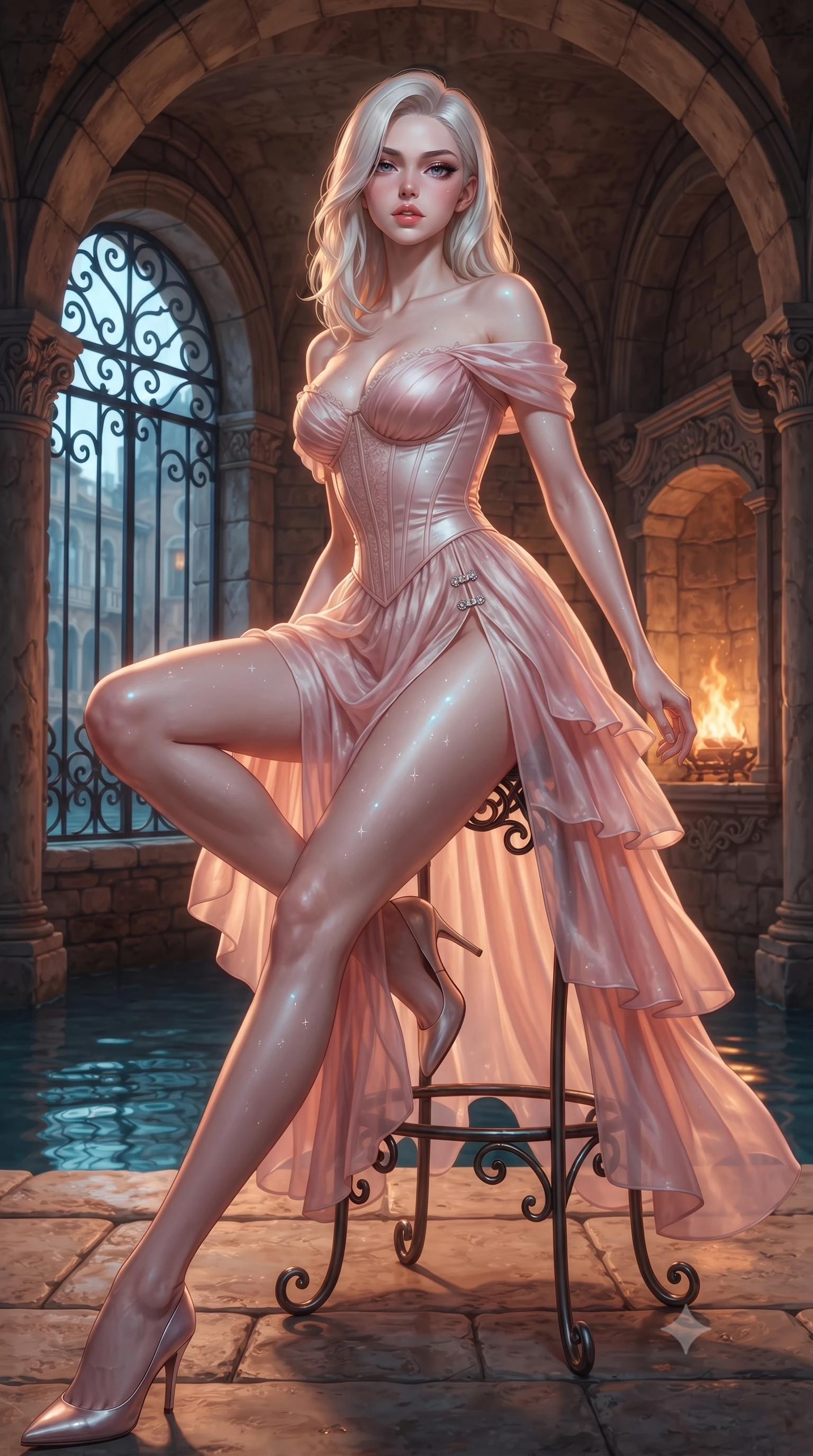 score_9, masterpiece, best quality, ultra-detailed, high-budget anime keyframe, editorial fashion photography, tasteful artistic composition, Caucasian woman. low angle full-body shot from head to toe showing her feet, filling the entire 9:16 vertical frame with her statuesque presence, stretching her vertical silhouette. striding forward in a proud supermodel runway stride, hips swaying in an alluring kinetic rhythm that accentuates her curvy hourglass silhouette while perching on a wrought-iron stool beside an arched canal-facing window, hips cocked back as water reflections dance across her silhouette. The surrounding environment is rendered in vivid detail and crisp panoramic clarity. detailed metallic silk dress sheen, prism glass sparkle points on skin, and canal reflection clarity in high resolution. She has an exceptionally tall and slender model-like 8.5-heads proportion, an ultra-slim waist, a flat toned midriff, narrow delicate ribcage, and beautifully sculpted feminine hips creating a graceful, slim hourglass silhouette without any bulky heaviness, with impossibly long slender legs. sharp v-shaped jawline, high-bridge nose, intricate jewel-like eyes with depth, thick eyelashes, glossy parted lips with a natural sheen, intensely captivating and seductive bedroom-eyes expression, flawlessly proportioned anatomical accuracy, strict slender model proportions, natural body alignment, perfectly sculpted long slender limbs, ultra-slim waistline, clean dynamic posture without body distortion. wearing an off-shoulder French court corset bodice dress paired with a tiered translucent chiffon slit skirt in sakura blossom pink and warm ivory, made of fluid silk crepe with delicate inner corsetry boning, finished with an ultra-high side slit secured by miniature jeweled clasps, the second-skin form-contouring cut accentuating her sculpted flat midriff, narrow delicate ribcage, and gracefully curvy hips with supermodel precision. bathed in warm glowing furnace firelight contrasting with cool blue canal water bounce through arched windows. ultra-reflective glossy finish, specular highlights, rich textural contrasts, high-contrast stereoscopic depth, volumetric dynamic lighting, 2k, ultra detail, master piece, 9:16 ratio