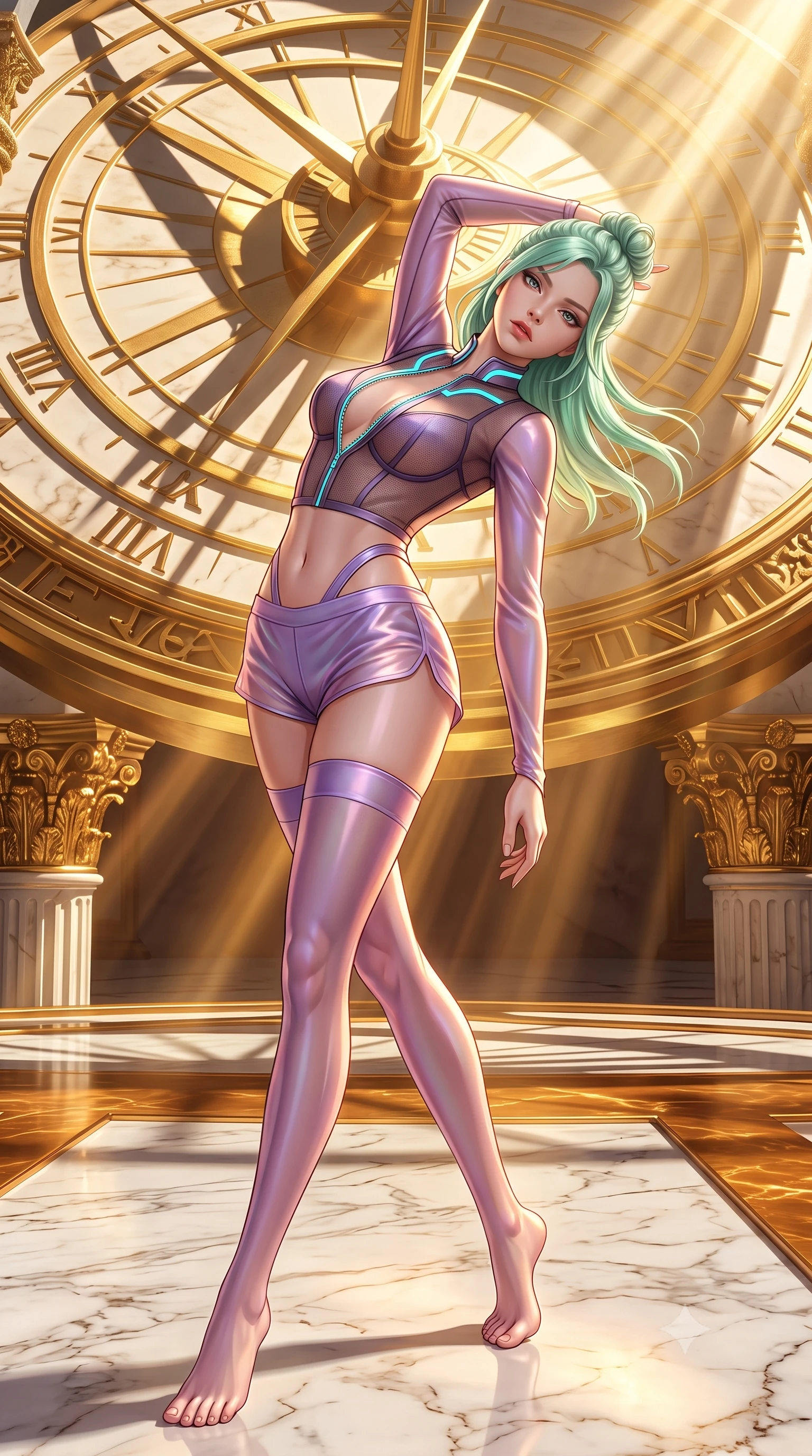score_9, masterpiece, best quality, ultra-detailed, high-budget anime keyframe, semi-realistic 3D game render, editorial fashion photography, tasteful artistic composition, Japanese woman. low angle full-body shot from head to toe showing her feet, filling the entire 9:16 vertical frame with her statuesque presence, stretching her vertical silhouette. arching her back in a fluid zero-gravity turn with sovereign grace, her long slender legs and sculpted torso creating a sweeping line while arching her spine in a fluid stretch beneath a colossal golden sundial as intense volumetric sunbeams trace her slender torso. The surrounding environment is rendered in vivid detail and crisp panoramic clarity. intricate gold leaf column capitals, polished white marble floor veins, and sharp architectural shadows in deep focus. She has an absolutely perfect, statuesque 8.5-heads proportion, an exceptionally tall and slender model-like female figure with impossibly long slender legs, a toned flat midriff, and an ultra-slim waist. sharp v-shaped jawline, high-bridge nose, intricate jewel-like eyes with depth, thick eyelashes, glossy lips with a natural sheen, flawlessly proportioned anatomical accuracy, strict slender model proportions, natural body alignment, perfectly sculpted long slender limbs, ultra-slim waistline, clean dynamic posture without body distortion. wearing a delicate see-through dark mesh top with structured cup boning, paired with high-cut micro-shorts and thigh-high stockings in luminous lavender violet and rose gold, made of smooth iridescent silk chiffon that shifts colors with movement, featuring a dangerously unzipped neckline framed by glowing cybernetic accents, the precision-cut daring openings accentuating her delicate midriff, graceful bare collarbones, and ultra-slim feminine waistline. bathed in dazzling golden hour sunbursts and rich amber marble surface reflections. highly saturated vibrant anime colors, detailed shading with soft gradients, rich glossy textures, high-contrast stereoscopic depth, volumetric dynamic lighting, master piece, 9:16 ratio