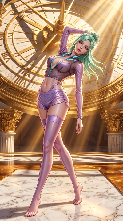 score_9, masterpiece, best quality, ultra-detailed, high-budget anime keyframe, semi-realistic 3D game render, editorial fashion photography, tasteful artistic composition, Japanese woman. low angle full-body shot from head to toe showing her feet, f