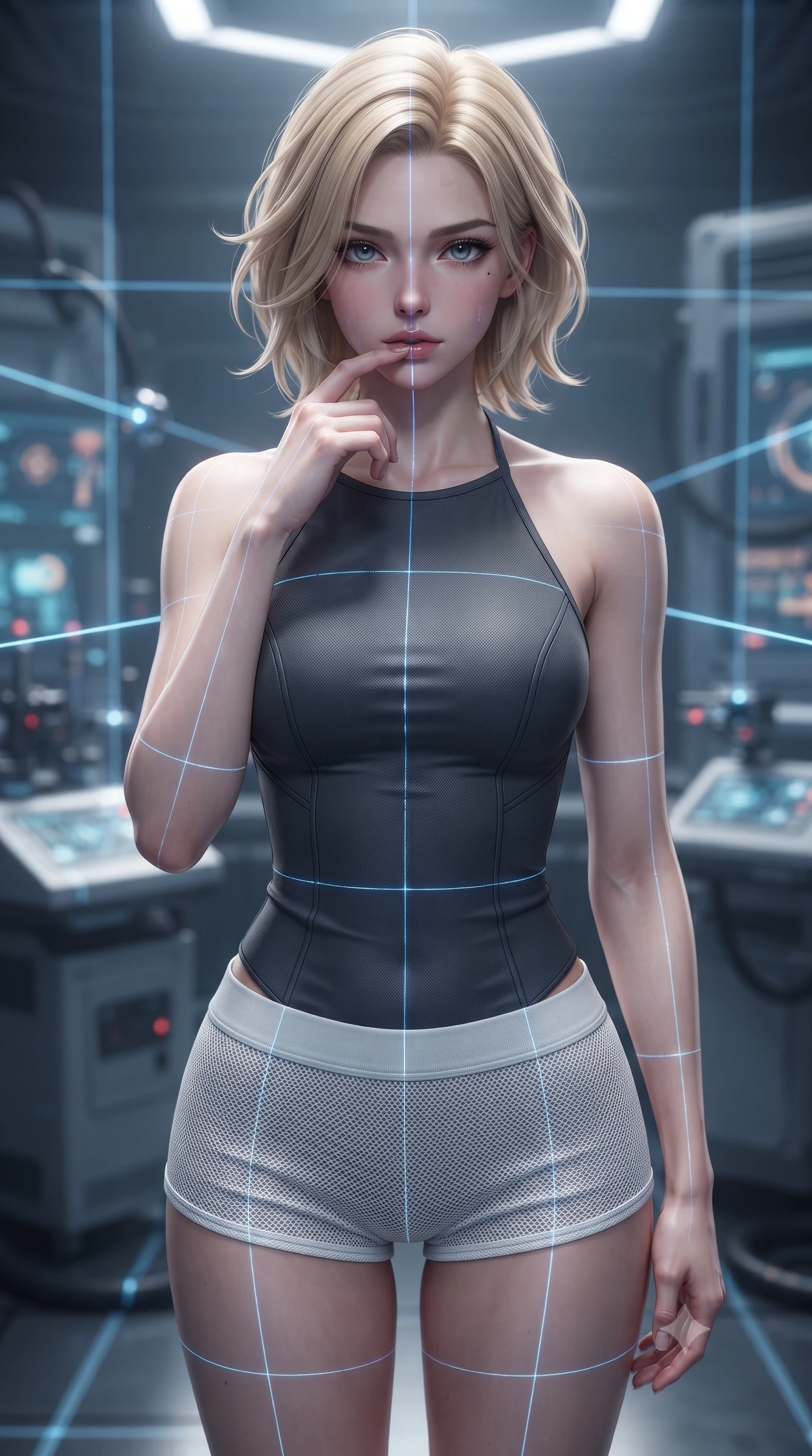score_9, masterpiece, best quality, ultra-detailed, high-budget anime keyframe, editorial fashion photography, tasteful artistic composition, Caucasian woman. close-up cowboy shot from the waist and thighs up, the character dominates the composition, filling the frame with her large presence, background elements kept in soft focus. pressing one finger to her bottom lip in a thoughtful, composed gesture, locking eyes with the viewer, the background shows a soft-focus a quantum core calibration bay inside a laboratory with laser grids. She has an exceptionally elegant, slender, and willowy female figure with an ultra-slim waist, a gracefully sculpted slender torso, and a refined silhouette. sharp v-shaped jawline, high-bridge nose, intricate jewel-like eyes with depth, thick eyelashes, glossy lips with a natural sheen. wearing a form-contouring backless combat halter top in charcoal grey, paired with white carbon-mesh micro-shorts. focused blue laser lines tracing her form with precision, casting gridlines. ultra-reflective glossy finish, specular highlights, metallic sheen, high-contrast stereoscopic depth, volumetric dynamic lighting, 2k, ultra detail, master piece, 9:16 ratio