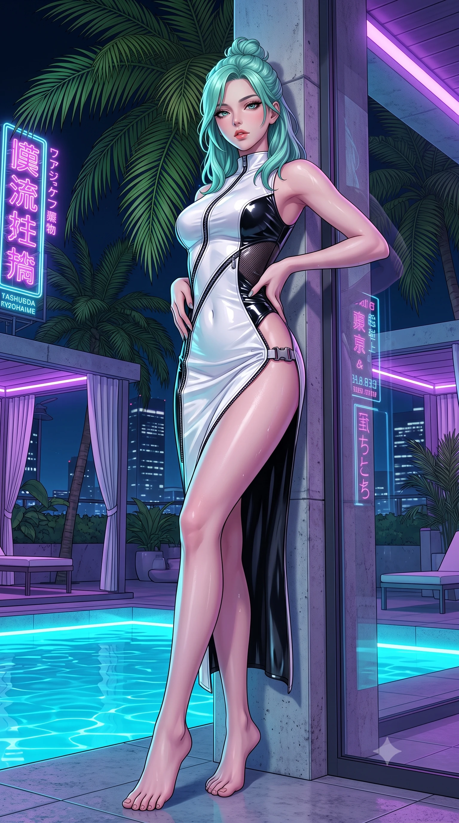 score_9, masterpiece, best quality, ultra-detailed, high-budget anime keyframe, semi-realistic 3D game render, editorial fashion photography, tasteful artistic composition, Japanese woman. low angle full-body shot from head to toe showing her feet, filling the entire 9:16 vertical frame with her statuesque presence, stretching her vertical silhouette. leaning deep against the structural architecture with hips cocked in an unapologetically bold, seductive high-fashion stance while posing beside towering poolside palm fronds, hips dramatically thrust to one side with hands running along her waist in pure allure. The surrounding environment is rendered in vivid detail and crisp panoramic clarity. detailed neon sign typography, wet fabric sheen, and night skyline reflections in high clarity. She has an absolutely perfect, statuesque 8.5-heads proportion, an exceptionally tall and slender model-like female figure with impossibly long slender legs, a toned flat midriff, an ultra-slim waist, and beautifully sculpted feminine hips. sharp v-shaped jawline, high-bridge nose, intricate jewel-like eyes with depth, thick eyelashes, glossy parted lips with a natural sheen, intensely captivating and seductive bedroom-eyes expression, flawlessly proportioned anatomical accuracy, strict slender model proportions, natural body alignment, perfectly sculpted long slender limbs, ultra-slim waistline, clean dynamic posture without body distortion. wearing a form-contouring vinyl track dress with diagonal zipper detailing and an ultra-high side slit in high-contrast monochrome white and glossy black, crafted from high-gloss metallic ripstop nylon and flexible carbon mesh, finished with an ultra-high-cut leg opening secured by quick-release titanium buckles, the form-contouring material adhering flawlessly to her sculpted flat midriff and slender torso, emphasizing her long leg lines and perfectly proportioned willowy build. bathed in glowing underwater cyan LED illumination and ambient violet neon cabana downlights. highly saturated vibrant anime colors, detailed shading with soft gradients, rich glossy textures, high-contrast stereoscopic depth, volumetric dynamic lighting, master piece, 9:16 ratio
