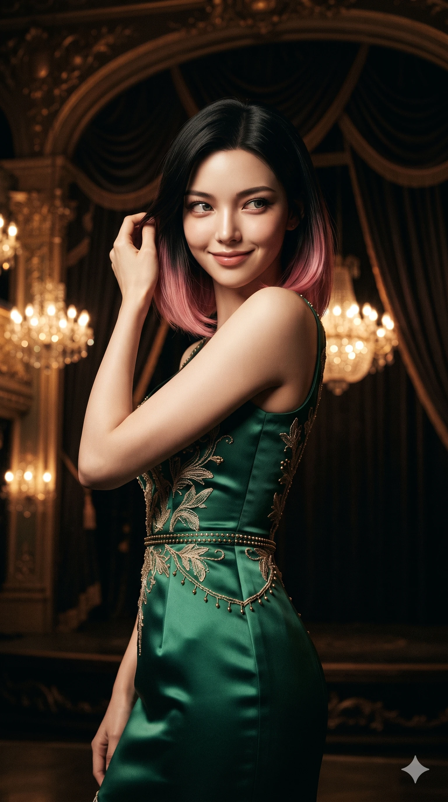 score_9, masterpiece, best quality, ultra-detailed, high-budget anime keyframe, editorial fashion photography, tasteful artistic composition, Korean woman. close-up cowboy shot from the waist and thighs up, the character dominates the composition, filling the frame with her large presence. gently brushing a lock of hair behind her ear while casting a playful, flirtatious side-gaze with long eyelashes while twisting her slender torso in an alluring S-curve, theatrical stage lights and crystal chandelier glows tracing her flat midriff and hourglass curves. The surrounding environment is rendered in vivid detail and crisp panoramic clarity: sharp gold-leaf statue drapery folds, crisp velvet fringe textures, and polished bronze railing brackets in deep focus. She has an exceptionally elegant, slender, and willowy female figure with an ultra-slim waist, flat toned midriff, narrow ribcage, and sculpted feminine hips creating an alluring, slim hourglass silhouette without bulk. sharp v-shaped jawline, high-bridge nose, intricate jewel-like sparkling eyes with depth, thick eyelashes, glossy parted lips with a natural sheen, intensely captivating and seductive bedroom-eyes expression, exuding both youthful cute charm and sovereign luxury allure, flawlessly proportioned anatomical accuracy, strict slender model proportions, natural body alignment, perfectly sculpted long slender limbs, ultra-slim waistline, clean dynamic posture without body distortion. wearing a plunge-front sheer illusion tulle slip dress with liquid platinum ribbon stripes hugging her curves in deep emerald green satin and gold hardware accents, crafted from luxurious metallic lamé that shifts radiance with every step, complemented by strappy stiletto sandals with metallic ankle wraps accentuating her slender calves, the glove-like clinging cut tightly following the natural contour of her hips and long slender legs with youthful 8.5-heads elegance. illuminated by velvet loge bounce and sharp gold-crimson rim lights defining her razor-sharp jawline, narrow waist, and curvy hips. ultra-reflective glossy finish, specular highlights, rich textural contrasts, high-contrast stereoscopic depth, volumetric dynamic lighting, 2k, ultra detail, master piece, 9:16 ratio