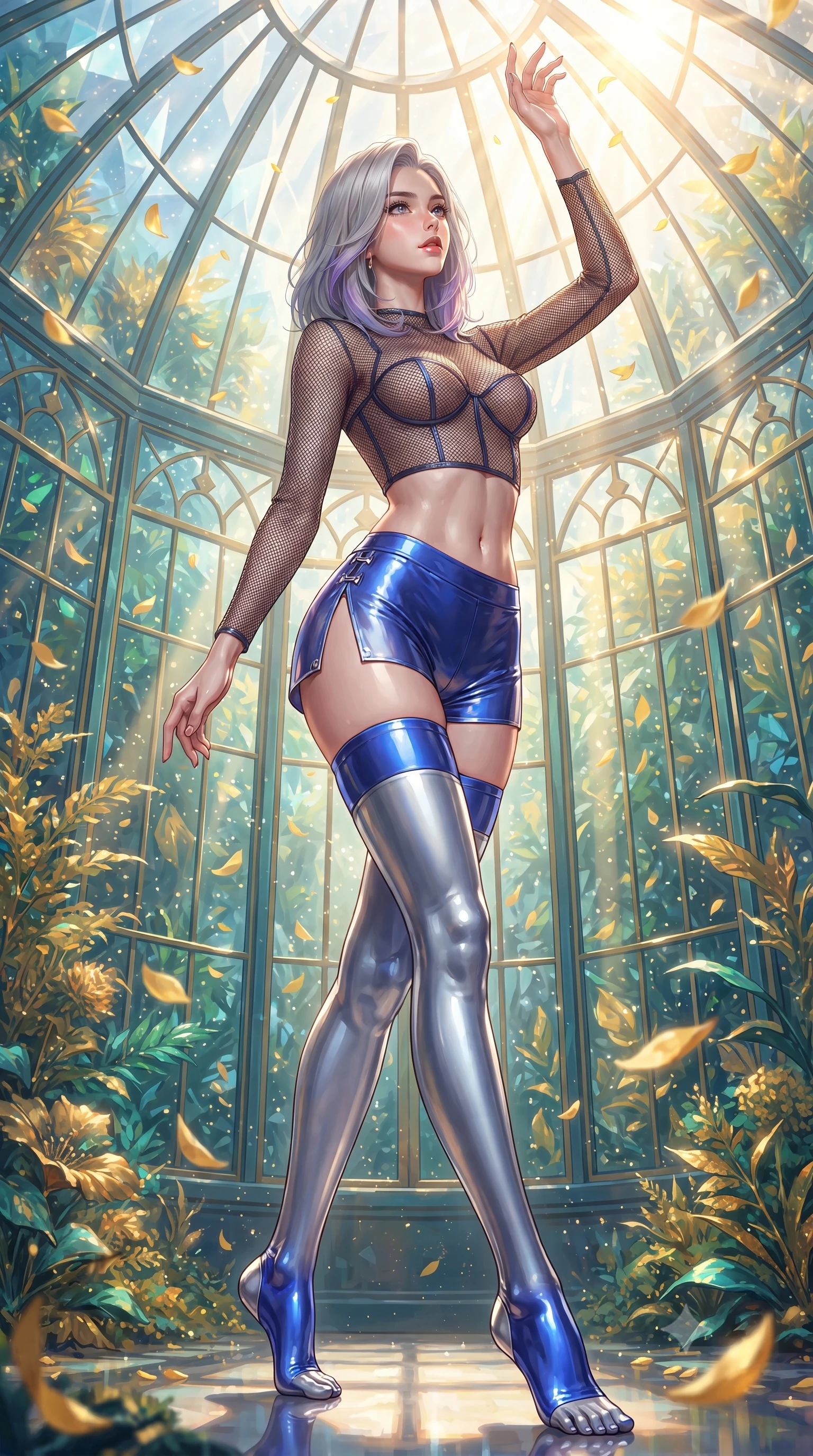 score_9, masterpiece, best quality, ultra-detailed, high-budget anime keyframe, editorial fashion photography, tasteful artistic composition, Caucasian woman. low angle full-body shot from head to toe showing her feet, filling the entire 9:16 vertical frame with her statuesque presence, stretching her vertical silhouette. pivoting dynamically in mid-motion with a breathtakingly alluring posture, displaying her flawless model proportions and ultra-slim waist while reaching one arm gracefully toward the streaming sunlight as golden flower petals float past in the warm air. The surrounding environment is rendered in vivid detail and crisp panoramic clarity. vibrant emerald and gold plant textures rendered with high environmental clarity. She has an absolutely perfect, statuesque 8.5-heads proportion, an exceptionally tall and slender model-like female figure with impossibly long slender legs, a toned flat midriff, and an ultra-slim waist. sharp v-shaped jawline, high-bridge nose, intricate jewel-like eyes with depth, thick eyelashes, glossy lips with a natural sheen, flawlessly proportioned anatomical accuracy, strict slender model proportions, natural body alignment, perfectly sculpted long slender limbs, ultra-slim waistline, clean dynamic posture without body distortion. wearing a delicate see-through dark mesh top with structured cup boning, paired with high-cut micro-shorts and thigh-high stockings in liquid electric cobalt blue and polished silver, crafted from ultra-reflective second-skin latex with a high-gloss glass-like polish, finished with an ultra-high side slit secured by miniature magnetic clasps, the form-contouring material adhering flawlessly to her sculpted flat midriff and slender torso, emphasizing her long leg lines and perfectly proportioned willowy build. bathed in intense volumetric golden sunbeams streaming through crystalline glass dome panes. ultra-reflective glossy finish, specular highlights, metallic sheen, high-contrast stereoscopic depth, volumetric dynamic lighting, 2k, ultra detail, master piece, 9:16 ratio