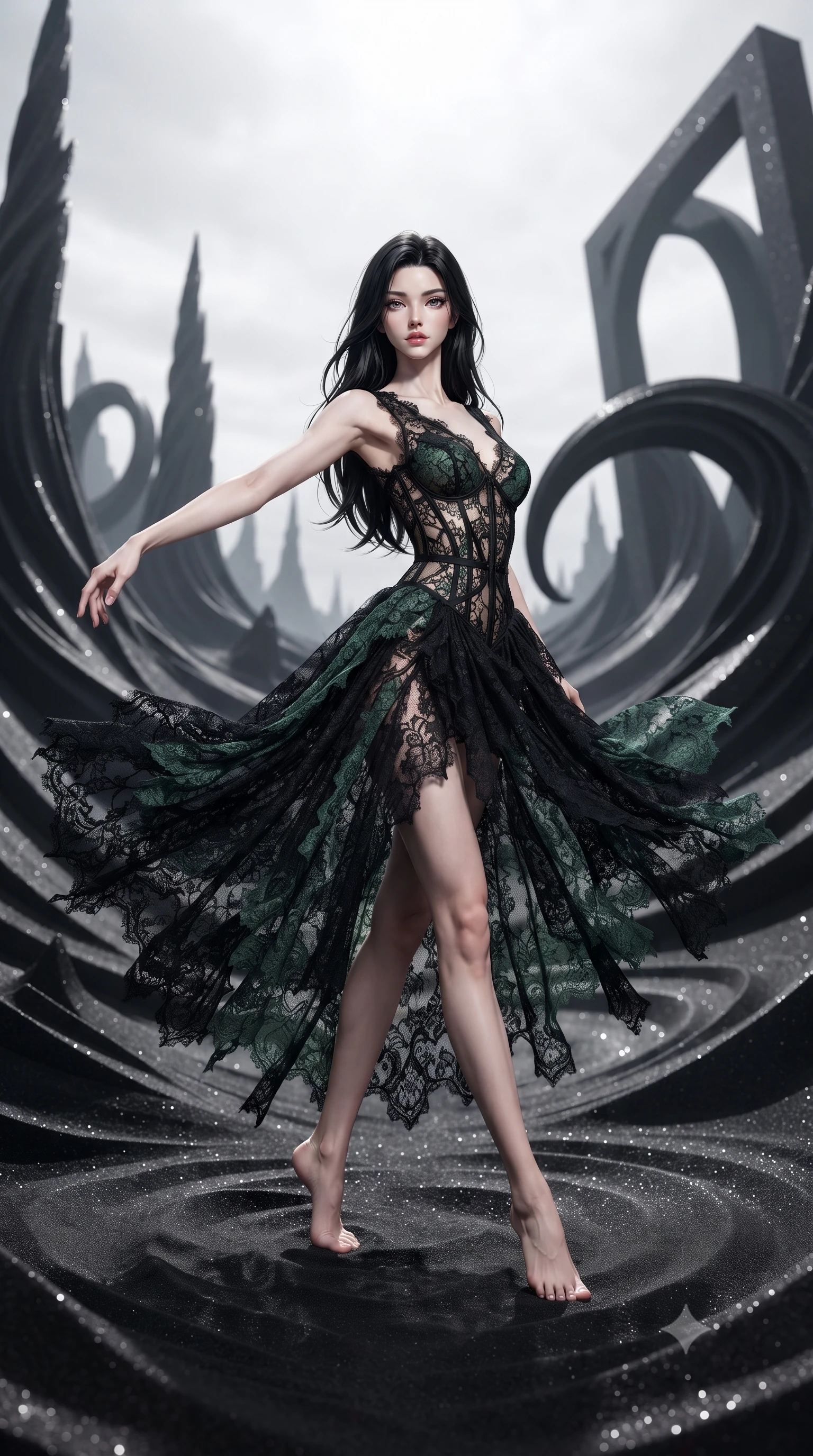 score_9, masterpiece, best quality, ultra-detailed, high-budget anime keyframe, editorial fashion photography, tasteful artistic composition, Korean woman. low angle full-body shot from head to toe showing her feet, filling the entire 9:16 vertical frame with her statuesque presence, stretching her vertical silhouette. twirling with balletic elegance inside a valley filled with jet-black magnetic sand that rises in hypnotic patterns forming spires waves and impossible arching structures responding to unseen magnetic forces creating a landscape of dark geometric beauty. She has a statuesque 8.5-heads proportion, an exceptionally tall, slender and willowy model-like build with impossibly long legs and a highly sculpted ultra-slim waist. sharp v-shaped jawline, high-bridge nose, intricate jewel-like eyes with depth, thick eyelashes, glossy lips with a natural sheen. wearing a deconstructed lace gown in black, detailed with forest green lace panels and corset structure. stark high-contrast lighting with a bright overcast sky above creating sharp definition on the black sand formations with metallic specular highlights on the magnetite particles. 2k, ultra detail, master piece, 9:16 ratio