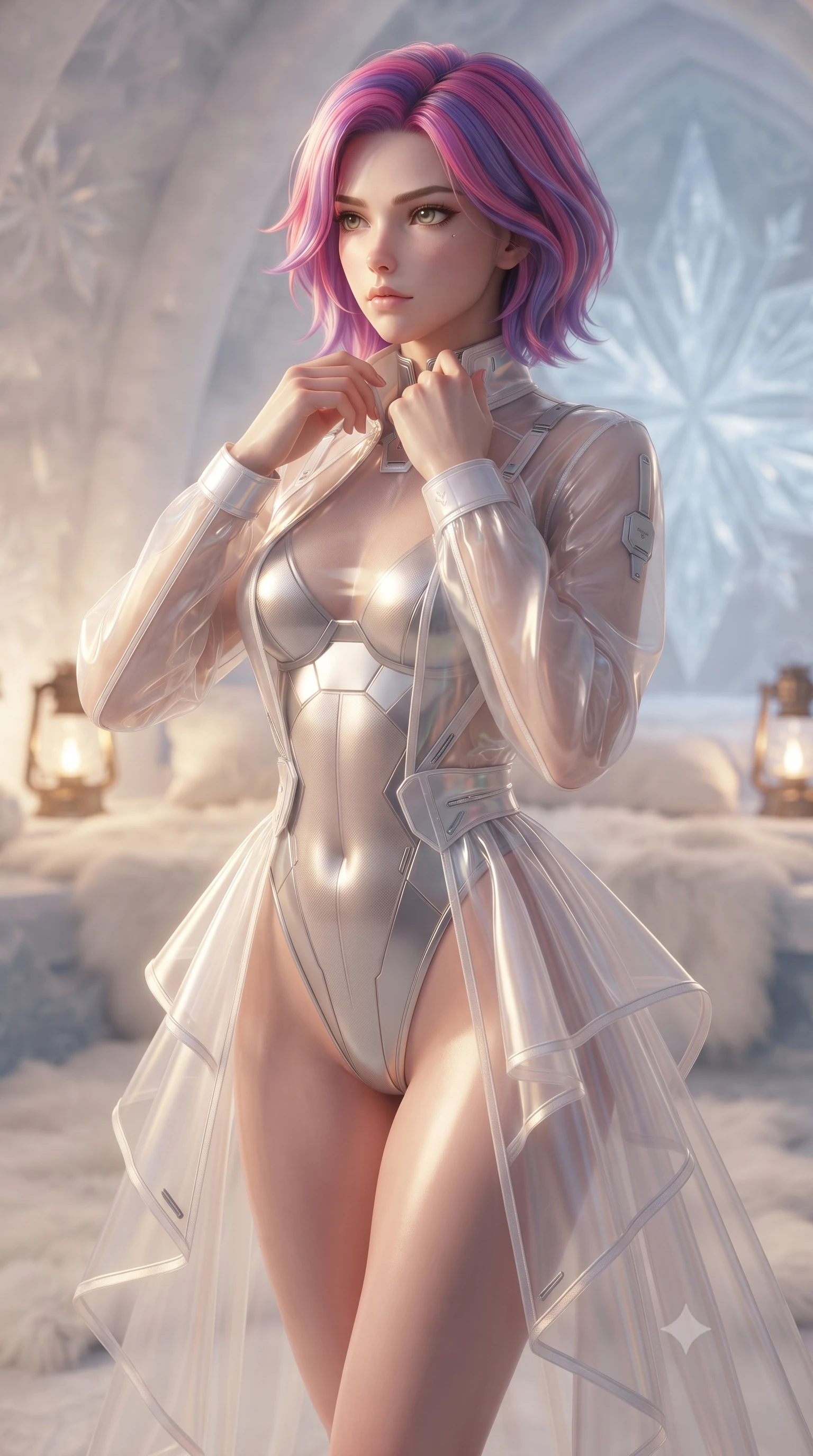 score_9, masterpiece, best quality, ultra-detailed, high-budget anime keyframe, editorial fashion photography, tasteful artistic composition, Caucasian woman. close-up cowboy shot from the waist and thighs up, the character dominates the composition, filling the frame with her large presence, background elements kept in soft focus. adjusting the high collar of her body-hugging suit, looking past the camera with quiet, sharp focus and a composed expression, the background shows a soft-focus an ice dome sanctuary chamber with white fur rugs and brass lamps. She has an exceptionally elegant, slender, and willowy female figure with an ultra-slim waist, a gracefully sculpted slender torso, and a refined silhouette. sharp v-shaped jawline, high-bridge nose, intricate jewel-like eyes with depth, thick eyelashes, glossy lips with a natural sheen. wearing a tailored sheer white holographic organza combat gown worn over a high-cut carbon-fiber leotard. low-contrast, soft warm ambient uplight casting a peaceful, gold glow. ultra-reflective glossy finish, specular highlights, metallic sheen, high-contrast stereoscopic depth, volumetric dynamic lighting, 2k, ultra detail, master piece, 9:16 ratio