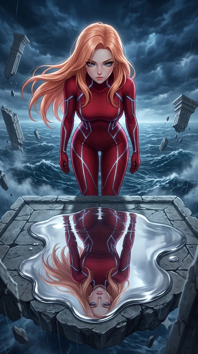 score_9, masterpiece, best quality, ultra-detailed, High-budget Anime Keyframe, East Asian woman. Low angle cowboy shot filling the entire 9:16 frame with her statuesque presence. Scenario 424: gazing at her reflection in a pool of liquid silver in a