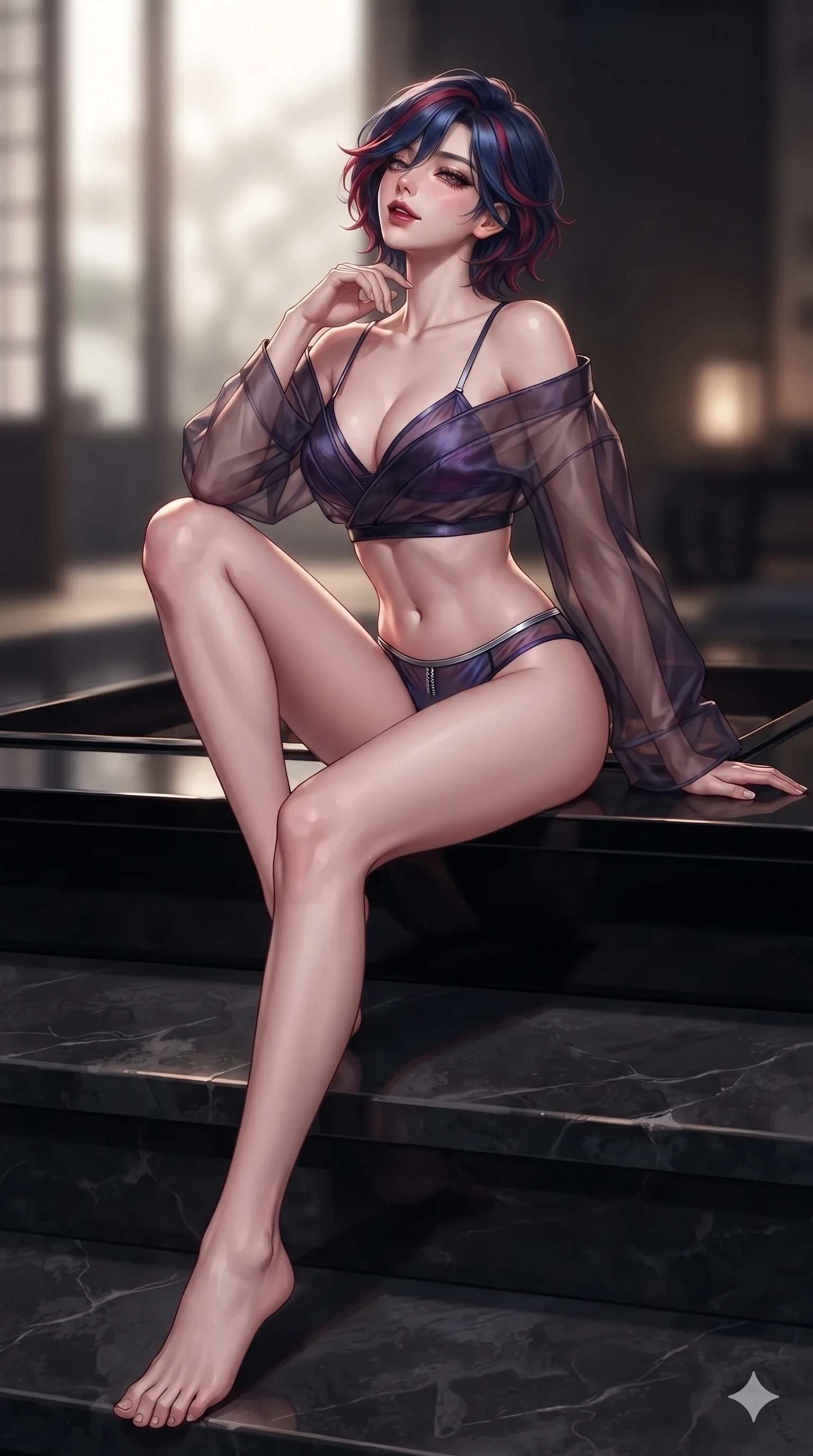 score_9, masterpiece, best quality, ultra-detailed, high-budget anime keyframe, editorial fashion photography, tasteful artistic composition, Korean woman. low angle full-body shot from head to toe showing her feet, filling the entire 9:16 vertical frame with her statuesque presence, stretching her vertical silhouette. sitting poised on the dark stone steps with one knee bent, arching her spine with supermodel elegance as she glances upward through thick eyelashes while perched gracefully on the edge of the sunken black lacquer tea hearth, propped on one elbow with parted glossy lips. The background shows a soft-focus exclusive Kyoto dark tea pavilion softened in intimate sanctuary shallow focus. She has an absolutely perfect, statuesque 8.5-heads proportion, an exceptionally tall and slender model-like female figure with impossibly long slender legs, an ultra-slim waist, a flat toned midriff, narrow delicate ribcage, and beautifully sculpted feminine hips creating a graceful, slim hourglass silhouette without any bulky heaviness. sharp v-shaped jawline, high-bridge nose, intricate jewel-like dark sparkling eyes with hypnotic seductive depth, thick curled eyelashes, glossy parted lips with a natural wine sheen, alluring bedroom-eyes with an enigmatic smoldering smile, exuding magnetic sovereign charisma and dark avant-garde glamour, flawlessly proportioned anatomical accuracy, strict slender model proportions, natural body alignment, perfectly sculpted long slender limbs, ultra-slim waistline, clean dynamic posture without body distortion. wearing a sheer gossamer organza evening kimono slipping off bare shoulders over a matching satin micro-bralette and briefs in iridescent dark violet taffeta and midnight indigo, crafted from fine dark contouring mesh with sheer geometric transparency, finished with metallic silver boning and sleek zipper points, the bespoke structured tailoring following the natural line of her 8.5-heads silhouette with refined elegance. illuminated by black lacquer table surface bounce and sharp warm-gold rim lights sculpting her razor-sharp jawline, narrow waist, and curvy hips. ultra-reflective glossy finish, specular highlights, metallic sheen, high-contrast stereoscopic depth, volumetric dynamic lighting, 2k, ultra detail, master piece, 9:16 ratio