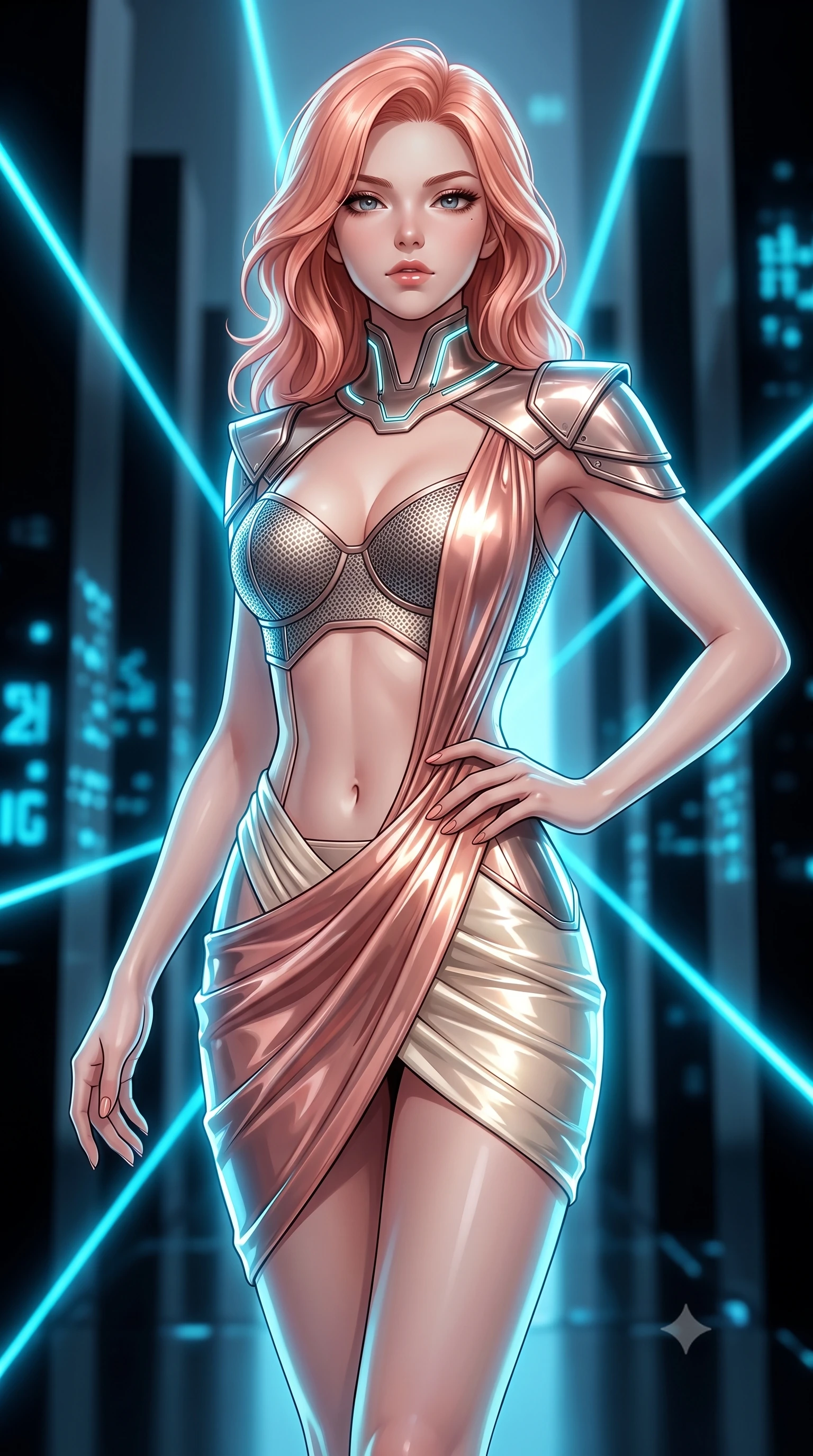 score_9, masterpiece, best quality, ultra-detailed, high-budget anime keyframe, editorial fashion photography, tasteful artistic composition, Japanese woman. close-up cowboy shot from the waist and thighs up, the character dominates the composition, filling the frame with her large presence. twisting her upper body in a dynamic S-curve with commanding allure, one hand resting on her slender waist with haughty grace while striding commanding through a minimalist hall of towering black obsidian monoliths intersected by razor-sharp cyan laser beams. The composition keeps background elements in soft focus with creamy bokeh. criss-crossing cyan laser beams and glowing glyph matrices blurred into dazzling electric blue and charcoal bokeh. She has an exceptionally elegant, slender, and willowy female figure with an ultra-slim waist, a gracefully sculpted slender torso, toned flat midriff, and a refined slim silhouette. sharp v-shaped jawline, high-bridge nose, intricate jewel-like eyes with depth, thick eyelashes, glossy lips with a natural sheen, flawlessly proportioned anatomical accuracy, strict slender model proportions, natural body alignment, perfectly sculpted long slender limbs, ultra-slim waistline, clean dynamic posture without body distortion. wearing a structured titanium-mesh bustier with geometric shoulder pauldrons and an ultra-slender liquid jersey drape in sculpted rose gold and luminescent champagne ivory, formed from high-gloss patent material with specular chiaroscuro reflections, featuring a sleek aerodynamic collar framed by subtle glowing cybernetic accents, the sleek second-skin cut tightly hugging her graceful clavicle, narrow waist, and feminine curves with athletic precision. bathed in intense high-contrast cyan laser rim lighting and deep obsidian shadow fill. ultra-reflective glossy finish, specular highlights, dark metallic sheen, high-contrast stereoscopic depth, volumetric dynamic lighting, 2k, ultra detail, master piece, 9:16 ratio