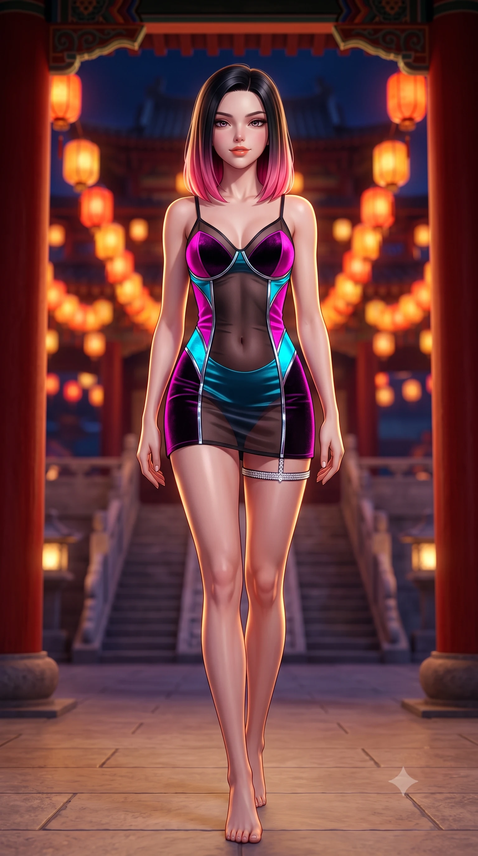 score_9, masterpiece, best quality, ultra-detailed, high-budget anime keyframe, semi-realistic 3D game render, editorial fashion photography, tasteful artistic composition, Korean woman. low angle full-body shot from head to toe showing her feet, filling the entire 9:16 vertical frame with her statuesque presence, stretching her vertical silhouette. stepping slowly toward the camera with hypnotic grace, hips swaying in an alluring sensual rhythm that accentuates her curvy hourglass silhouette and long slender legs while standing between massive vermilion pillars along the grand palace veranda, arching her lower back with sovereign queenly grace. The background shows a soft-focus hundreds of hanging royal festival lanterns and stone terrace stairways blurred into deep vermilion, gold, and indigo bokeh. She has an absolutely perfect, statuesque 8.5-heads proportion, an exceptionally tall and slender model-like female figure with impossibly long slender legs, an ultra-slim waist, a flat toned midriff, narrow delicate ribcage, and beautifully sculpted feminine hips creating a graceful, slim hourglass silhouette without any bulky heaviness. sharp v-shaped jawline, high-bridge nose, sparkling eyes with hypnotic seductive depth, thick curled eyelashes, glossy parted lips with a natural dewy peach sheen, alluring bedroom-eyes with an enchanting coquettish smile, exuding magnetic siren charisma and sophisticated glamour, flawlessly proportioned anatomical accuracy, strict slender model proportions, natural body alignment, perfectly sculpted long slender limbs, ultra-slim waistline, clean dynamic posture without body distortion. wearing a sheer black gauze norigae slip dress worn over a liquid satin undergarment, hugging her flat midriff and hourglass curves in electric 80s magenta and neon cyan with chrome highlights, tailored from ultra-plush velvet with rich tactile depth and deep shadow gradients, accented with a delicate crystal-encrusted thigh garter strap glinting under the lights, the second-skin tailored fabric adhering flawlessly to her sculpted flat midriff and slender torso, emphasizing her long leg lines and perfectly proportioned willowy build. illuminated by brazier firelight fill and sharp golden rim lights sculpting her jawline, flat midriff, and voluptuous hip curves. highly saturated vibrant anime colors, detailed shading with soft gradients, rich glossy textures, high-contrast stereoscopic depth, volumetric dynamic lighting, master piece, 9:16 ratio