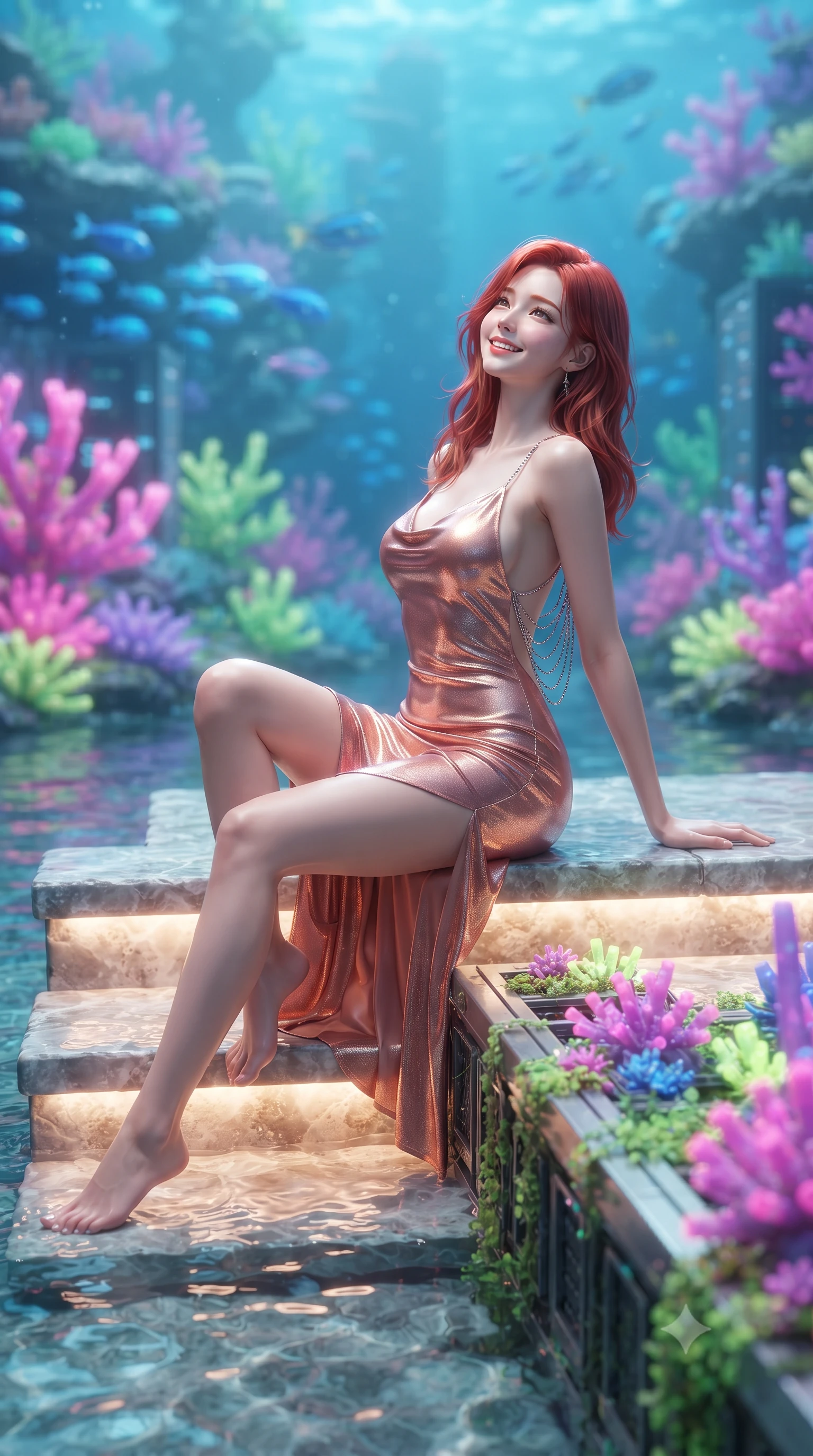 score_9, masterpiece, best quality, ultra-detailed, high-budget anime keyframe, editorial fashion photography, tasteful artistic composition, Korean woman. low angle full-body shot from head to toe showing her feet, filling the entire 9:16 vertical frame with her statuesque presence, stretching her vertical silhouette. sitting poised on the stone steps with one knee bent, arching her spine with supermodel elegance as she glances upward through thick eyelashes while standing poised on the underwater titanium walkway where fluorescent neon corals grow over glowing server monoliths, arching her lower back with magnetic siren charisma. The background shows a soft-focus living fluorescent magenta, lime, and violet corals growing across pulsing server towers, schools of electric blue reef fish blurred into coral, mint, and amethyst bokeh. She has an exceptionally tall and slender model-like 8.5-heads proportion, an ultra-slim waist, a flat toned midriff, narrow delicate ribcage, and beautifully sculpted feminine hips creating a graceful, slim hourglass silhouette without any bulky heaviness, with impossibly long slender legs. sharp v-shaped jawline, high-bridge nose, intricate jewel-like sparkling eyes with depth, thick eyelashes, glossy parted lips with a natural peach sheen, bright cheerful beaming smile with an enchanting and coquettish sensual glint, exuding both youthful cute charm and seductive allure, flawlessly proportioned anatomical accuracy, strict slender model proportions, natural body alignment, perfectly sculpted long slender limbs, ultra-slim waistline, clean dynamic posture without body distortion. wearing a form-contouring gossamer silk chiffon combat slip dress with a hip-high slit and open cowl back clinging with dewy moisture in high-gloss rose-gold and burnished copper, crafted from stretch micro-mesh with liquid foil coating that shimmers with every movement, accented with an open-back drape framed by falling strands of delicate chrome chains, the precision-cut side openings and low-back scoop framing her graceful spine and the sensual sweep of her slim, toned hips. bathed in the glowing natural fluorescence of deep corals combined with warm 2500K interior recessed cove lighting. ultra-reflective glossy finish, specular highlights, rich textural contrasts, high-contrast stereoscopic depth, volumetric dynamic lighting, 2k, ultra detail, master piece, 9:16 ratio