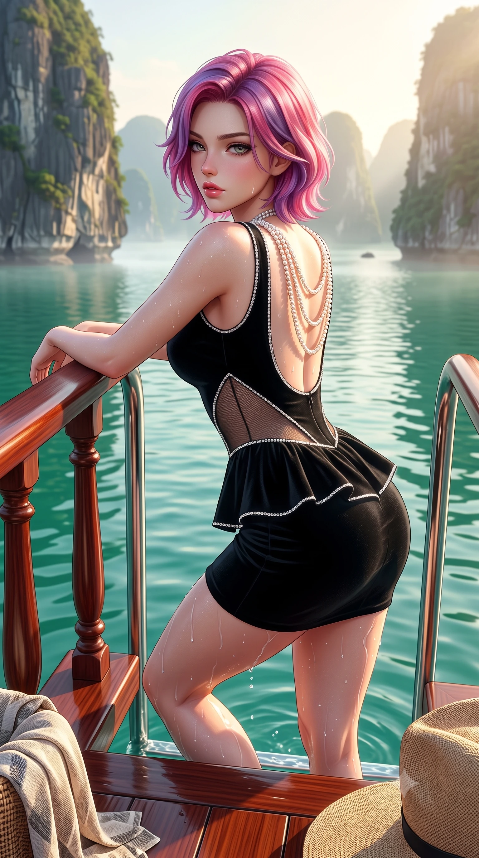 score_9, masterpiece, best quality, ultra-detailed, high-budget anime keyframe, semi-realistic 3D game render, editorial fashion photography, tasteful artistic composition, Caucasian woman. close-up cowboy shot from the waist and thighs up, the character dominates the composition, filling the frame with her large presence. leaning forward against the polished railing with her hips cocked back, creating an intoxicating curve from her narrow waist to sculpted hips as she gazes back into the lens while wading down the mahogany swim ladder with one knee bent, water caustics tracing her feminine hips and long slender legs in the emerald bay. The surrounding environment is rendered in vivid detail and crisp panoramic clarity. detailed linen resort wear weave, sea mist beads on skin, and Halong Bay landscape clarity in high resolution. She has an exceptionally elegant, slender, and willowy female figure with an ultra-slim waist, flat toned midriff, narrow ribcage, and sculpted feminine hips creating an alluring, slim hourglass silhouette without bulk. sharp v-shaped jawline, high-bridge nose, intricate jewel-like eyes with depth, thick eyelashes, glossy parted lips with a natural sheen, intensely captivating and seductive bedroom-eyes expression, flawlessly proportioned anatomical accuracy, strict slender model proportions, natural body alignment, perfectly sculpted long slender limbs, ultra-slim waistline, clean dynamic posture without body distortion. wearing a modern peplum corset dress with side-waist diamond cutouts and an ultra-tight silhouette in pitch-black velvet with diamond crystal trim, made of sheer contouring power-mesh with velvet flocking patterns, accented with a multi-strand pearl back necklace cascading down her bare spine to her hips, the precision-cut side openings and low-back scoop framing her graceful spine and the sensual sweep of her slim, toned hips. bathed in soft golden dawn sunlight filtering through sea mist between colossal limestone pillars. highly saturated vibrant anime colors, detailed shading with soft gradients, rich glossy textures, high-contrast stereoscopic depth, volumetric dynamic lighting, master piece, 9:16 ratio
