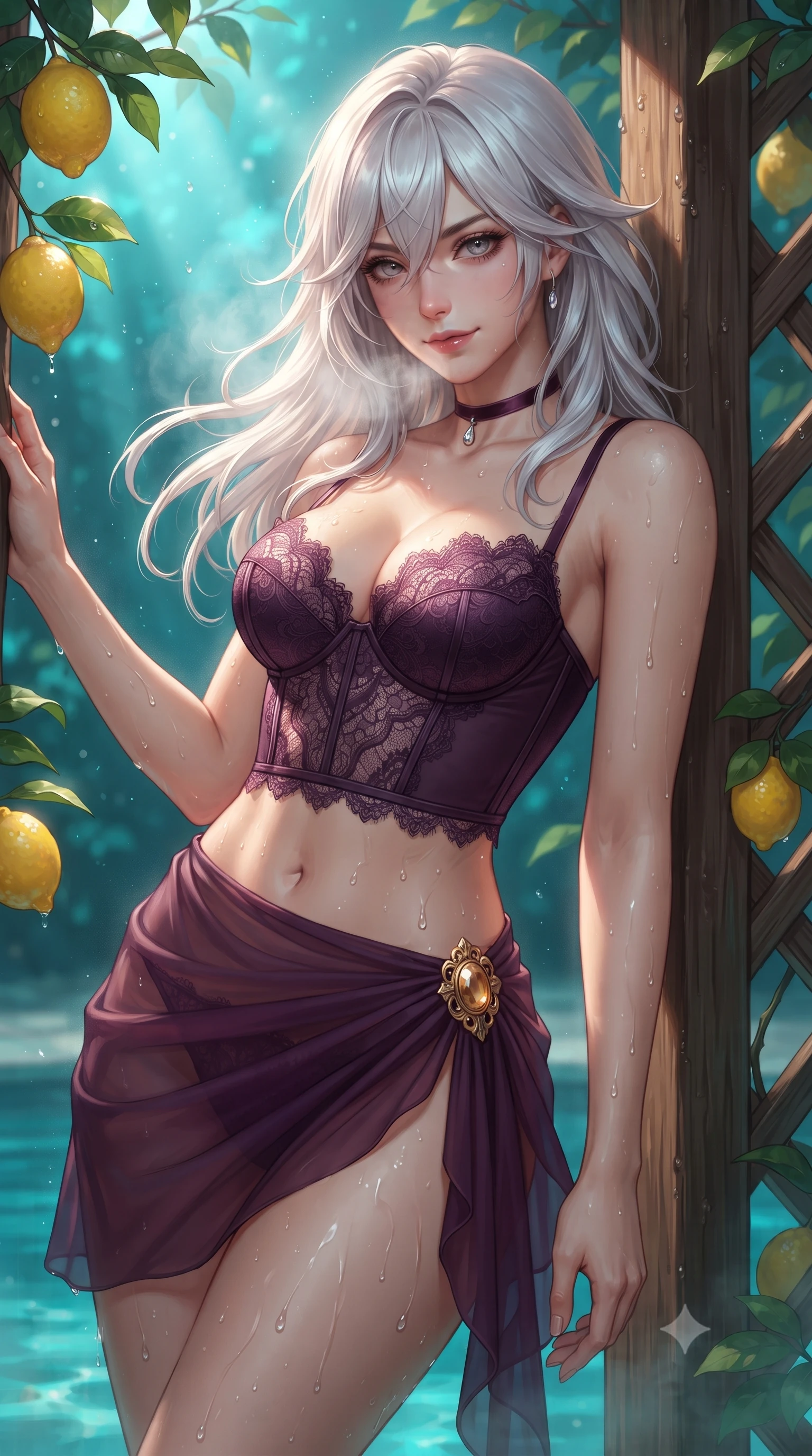 score_9, masterpiece, best quality, ultra-detailed, high-budget anime keyframe, editorial fashion photography, tasteful artistic composition, Japanese woman. close-up cowboy shot from the waist and thighs up, the character dominates the composition, filling the frame with her large presence. turning slowly with an enchanting smoldering smile, her glossy hair tossing in the breeze as her hips angle gracefully in a captivating contrapposto while leaning back against the fragrant lemon tree trellis with hips cocked back, looking through rising mineral steam with an intoxicating bedroom-gaze. The surrounding environment is rendered in vivid detail and crisp panoramic clarity: sharp rustic chestnut pergola wood grain, glossy yellow lemon rinds, and glistening water droplets on toned skin in deep focus. She has an exceptionally elegant, slender, and willowy female figure with an ultra-slim waist, flat toned midriff, narrow ribcage, and sculpted feminine hips creating an alluring, slim hourglass silhouette without bulk. sharp v-shaped jawline, high-bridge nose, sparkling eyes with hypnotic seductive depth, thick curled eyelashes, glossy parted lips with a natural dewy peach sheen, alluring bedroom-eyes with an enchanting coquettish smile, exuding magnetic siren charisma and sophisticated glamour, flawlessly proportioned anatomical accuracy, strict slender model proportions, natural body alignment, perfectly sculpted long slender limbs, ultra-slim waistline, clean dynamic posture without body distortion. wearing a delicate French lace underwire bustier paired with a draped sheer chiffon wrap mini skirt and gold hip brooch in deep plum violet and rose gold, made of delicate semi-sheer French Chantilly lace with intricate eyelash edges, finished with a thin velvet ribbon choker and a single teardrop diamond pendant, the glove-like clinging cut tightly following the natural contour of her hips and long slender legs with youthful 8.5-heads elegance. bathed in warm underwater turquoise hydro-spa illumination contrasting with silver moonbeams filtering through lemon leaves. ultra-reflective glossy finish, specular highlights, rich textural contrasts, high-contrast stereoscopic depth, volumetric dynamic lighting, 2k, ultra detail, master piece, 9:16 ratio