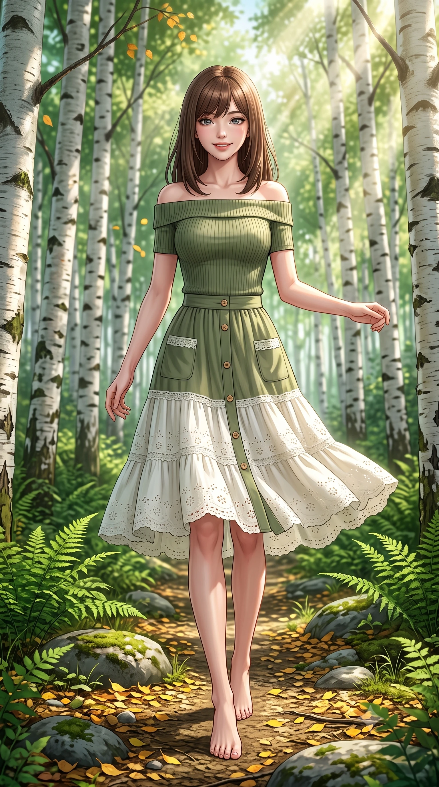 score_9, masterpiece, best quality, ultra-detailed, high-budget anime keyframe, semi-realistic 3D game render, editorial fashion photography, tasteful artistic composition, Korean woman. low angle full-body shot from head to toe showing her feet, filling the entire 9:16 vertical frame with her statuesque presence, stretching her vertical silhouette. performing a cheerful mid-motion turn with effortless poise, her skirt fluttering softly as she smiles into the camera while strolling happily along a sun-dappled forest path surrounded by slender white birch trunks and lush emerald ferns. The surrounding environment is rendered in vivid detail and crisp panoramic clarity. mossy river stones, fallen autumn-gold birch leaves, and panoramic forest glades rendered in crisp clarity. She has an absolutely perfect, statuesque 8.5-heads proportion, an exceptionally tall and slender model-like female figure with impossibly long slender legs, a toned flat midriff, and an ultra-slim waist. sharp v-shaped jawline, high-bridge nose, intricate jewel-like eyes with depth, thick eyelashes, glossy lips with a natural sheen, pure and lovely fresh girlhood expression, flawlessly proportioned anatomical accuracy, strict slender model proportions, natural body alignment, perfectly sculpted long slender limbs, ultra-slim waistline, clean dynamic posture without body distortion. wearing a fresh off-shoulder ribbed knit top paired with a tiered white cotton midi skirt in muted olive green and ivory cotton, woven with delicate eyelet lace and breathable cotton voile, finished with neat natural wooden buttons and patch pocket details, the breezy lightweight fabric fluttering softly against her delicate collarbones, narrow waist, and feminine curves. bathed in heavenly volumetric sunbeams piercing through the dense birch canopy. highly saturated vibrant anime colors, detailed shading with soft gradients, rich glossy textures, high-contrast stereoscopic depth, volumetric dynamic lighting, master piece, 9:16 ratio