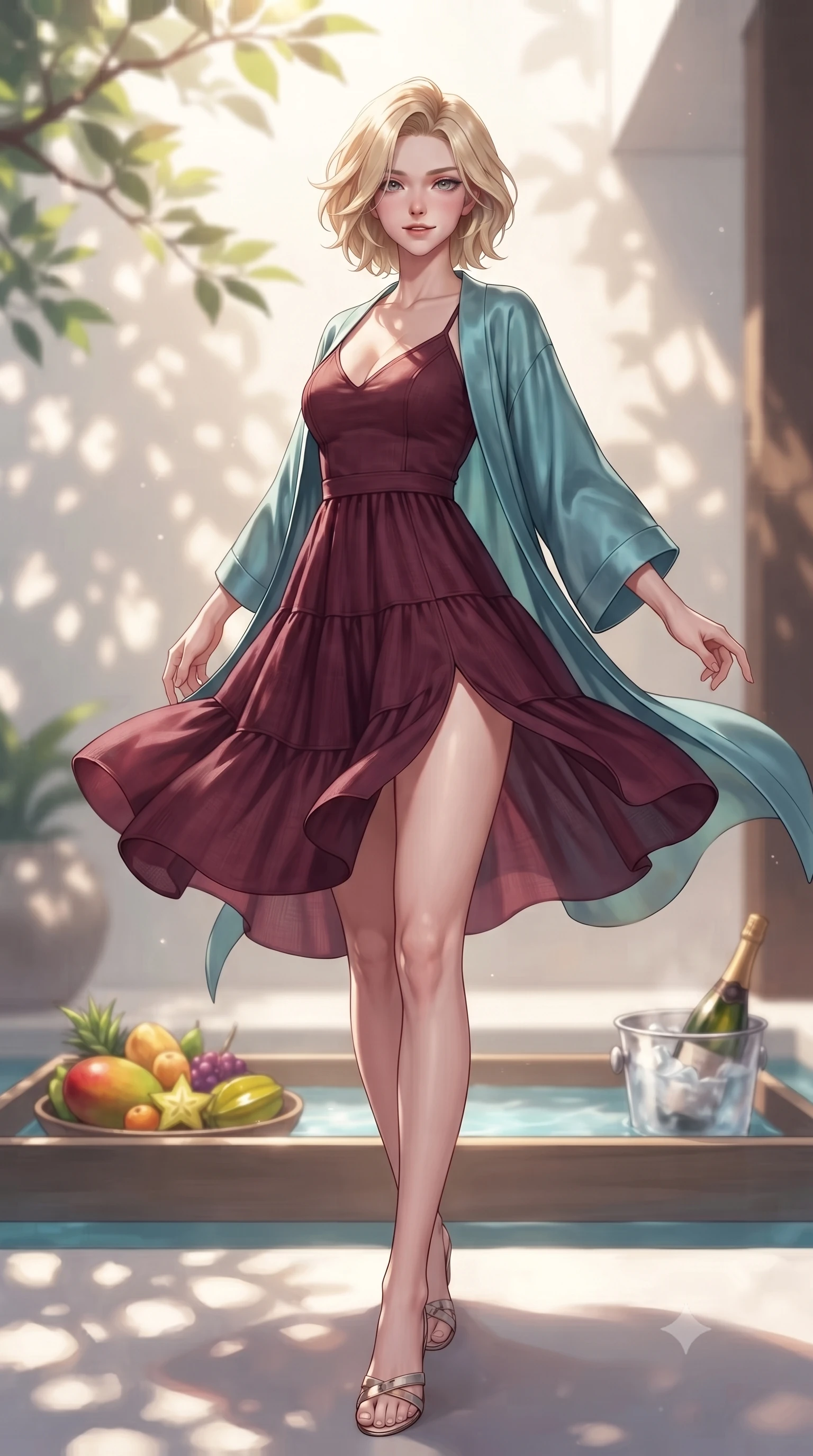 score_9, masterpiece, best quality, ultra-detailed, high-budget anime keyframe, editorial fashion photography, tasteful artistic composition, Caucasian woman. low angle full-body shot from head to toe showing her feet, filling the entire 9:16 vertical frame with her statuesque presence, stretching her vertical silhouette. twirling slowly with a sensual half-smile, letting her silky robe billow gently to reveal her elegant leg line set against a soft-focus background of inside an exclusive vanity suite with a floating pool tray of tropical fruits and chilled wine in soft focus. She has an absolutely perfect, statuesque 8.5-heads proportion, an exceptionally tall and slender model-like female figure with impossibly long slender legs and an ultra-slim waist. sharp v-shaped jawline, high-bridge nose, intricate jewel-like eyes with depth, thick eyelashes, glossy lips with a natural sheen. wearing tailored deep burgundy contouring mesh flowy linen sundress with a comfortable tiered skirt silhouette featuring refined tailored seams. highlighted by dappled sunlight filtering through leafy branches, creating soft organic patterns. highly saturated vibrant anime colors, detailed shading with soft gradients, rich glossy textures, high-contrast stereoscopic depth, volumetric dynamic lighting, master piece, 9:16 ratio