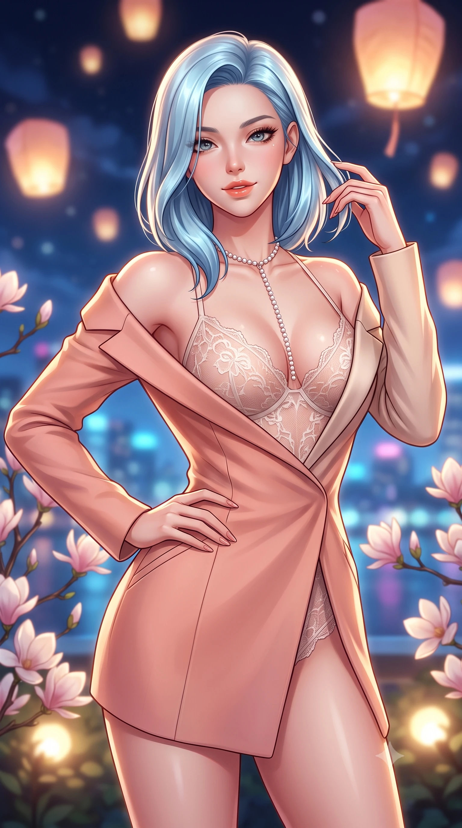 score_9, masterpiece, best quality, ultra-detailed, high-budget anime keyframe, semi-realistic 3D game render, editorial fashion photography, tasteful artistic composition, Korean woman. close-up cowboy shot from the waist and thighs up, the character dominates the composition, filling the frame with her large presence. twisting her slender torso in an alluring contrapposto stance, one hand resting on her sculpted hip while her fingers toy with her hair with effortless poise while twisting her slender torso in an alluring S-curve, fragrant white blossoms and neon river reflections tracing her curves. The background shows a soft-focus glowing paper lanterns softened in romantic nocturnal sky-sanctuary shallow focus. She has an exceptionally elegant, slender, and willowy female figure with an ultra-slim waist, flat toned midriff, narrow ribcage, and sculpted feminine hips creating an alluring, slim hourglass silhouette without bulk. sharp v-shaped jawline, high-bridge nose, sparkling eyes with hypnotic seductive depth, thick curled eyelashes, glossy parted lips with a natural dewy peach sheen, alluring bedroom-eyes with an enchanting coquettish smile, exuding magnetic siren charisma and sophisticated glamour, flawlessly proportioned anatomical accuracy, strict slender model proportions, natural body alignment, perfectly sculpted long slender limbs, ultra-slim waistline, clean dynamic posture without body distortion. wearing a delicate sheer French Chantilly lace teddy layered under an open tailored tuxedo blazer draped over bare shoulders in dusky blush peach and champagne crystal, tailored from fine structural neoprene with crisp architectural edges and smooth contouring, accented with a pearl-drop body harness subtly framing her dewy collarbones and spine, the high-slit wrap tailoring accentuating her ultra-slim waistline and the enchanting curve of her feminine hips with alluring seductive charm. bathed in soft 2800K low-voltage garden ground spotlights highlighting magnolia branches mixed with cool river skyline glow. highly saturated vibrant anime colors, detailed shading with soft gradients, rich glossy textures, high-contrast stereoscopic depth, volumetric dynamic lighting, master piece, 9:16 ratio