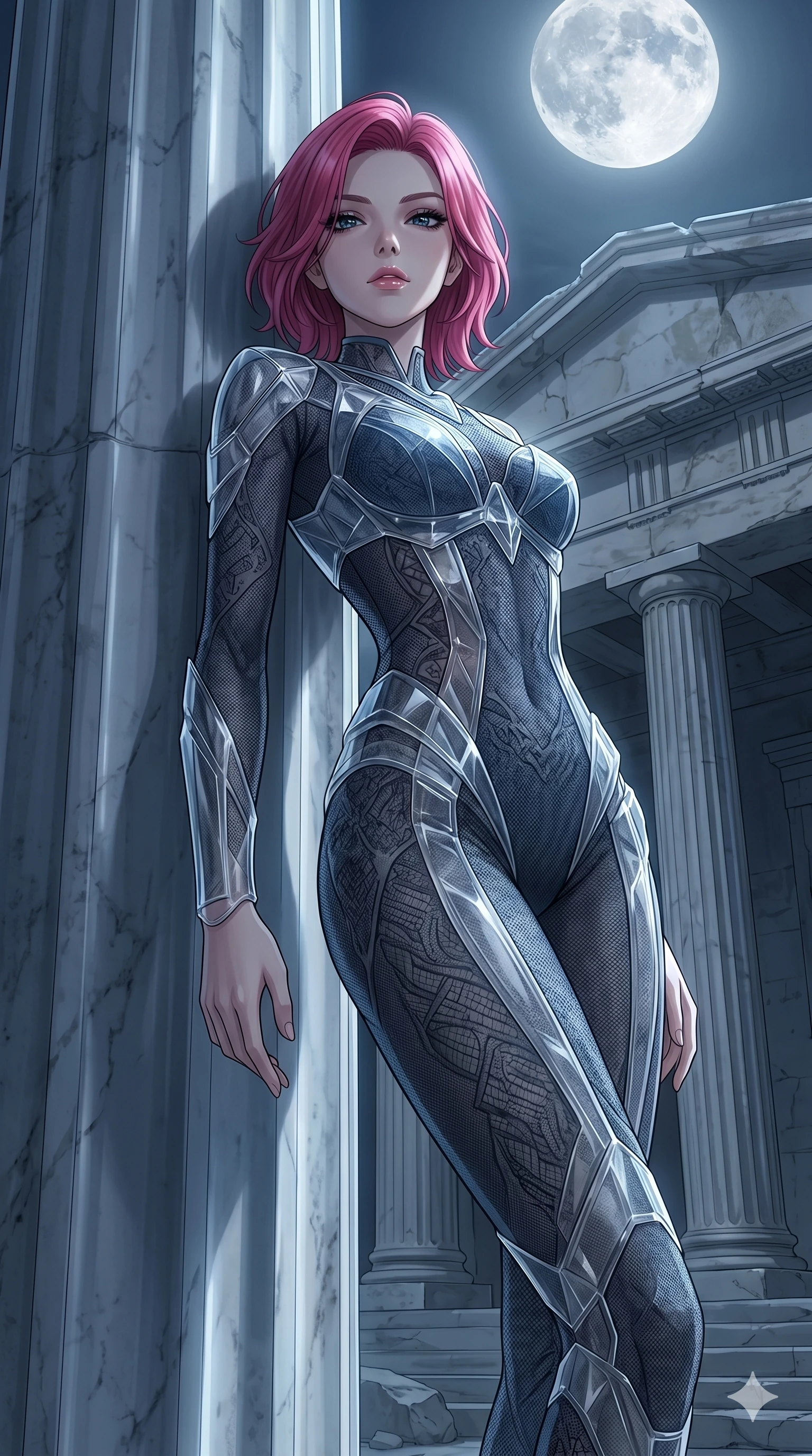 score_9, masterpiece, best quality, ultra-detailed, High-budget Anime Keyframe, East Asian woman. Low angle cowboy shot filling the entire 9:16 frame with her statuesque presence. Scenario 293: Leaning against a cold marble pillar in a moonlit greek temple. Her presence is magnetic and overpowering in this high-budget anime scene. Outfit 293: A fine technical mesh texture lace liquid with a translucent architectural overlays and tight-fitting silhouette. The clothing is designed to emphasize her exceptionally tall and slender 8-heads proportion. 8-heads proportion, towering silhouette, ultra-slim waist. sharp v-shaped jawline, intricate jewel-like eyes with depth, thick eyelashes, glossy lips. 2k, ultra detail, master piece, 9:16 ratio