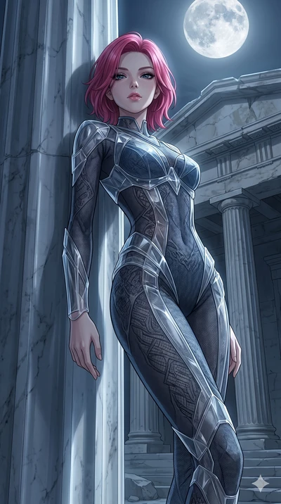 score_9, masterpiece, best quality, ultra-detailed, High-budget Anime Keyframe, East Asian woman. Low angle cowboy shot filling the entire 9:16 frame with her statuesque presence. Scenario 293: Leaning against a cold marble pillar in a moonlit greek 