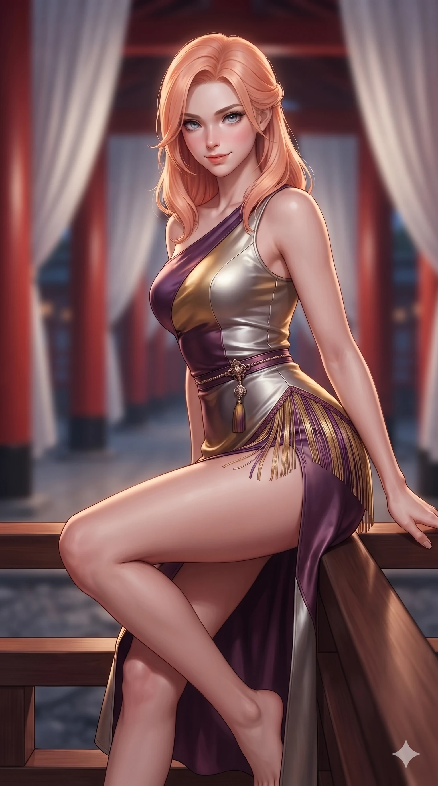 score_9, masterpiece, best quality, ultra-detailed, high-budget anime keyframe, editorial fashion photography, tasteful artistic composition, Japanese woman. close-up cowboy shot from the waist and thighs up, the character dominates the composition, filling the frame with her large presence. leaning forward while arching her lower back to accentuate her curvy hips, looking into the camera with an intoxicating smoldering gaze and bedroom-eyes while sitting poised on the polished wooden railing with one knee bent, arching her spine with supermodel elegance against the moonlit courtyard. The background shows a soft-focus endless perspective of red lacquer pillars, fluttering white silk gauze curtains, and moonlit courtyards blurred into vermilion, pure white, and slate bokeh. She has an exceptionally elegant, slender, and willowy female figure with an ultra-slim waist, flat toned midriff, narrow ribcage, and sculpted feminine hips creating an alluring, slim hourglass silhouette without bulk. sharp v-shaped jawline, high-bridge nose, sparkling eyes with hypnotic seductive depth, thick curled eyelashes, glossy parted lips with a natural dewy peach sheen, alluring bedroom-eyes with an enchanting coquettish smile, exuding magnetic siren charisma and sophisticated glamour, flawlessly proportioned anatomical accuracy, strict slender model proportions, natural body alignment, perfectly sculpted long slender limbs, ultra-slim waistline, clean dynamic posture without body distortion. wearing an asymmetric one-shoulder liquid mercury silk dress with a dramatic hip-high wrap slit and norigae waist charm in imperial gold and royal plum purple, made of supple butter-soft lambskin leather with a subtle satin sheen, finished with delicate silk fringe trim fluttering along her hip line with kinetic charm, the impeccably tailored cut draping gracefully along her slender figure with aristocratic eastern poise. illuminated by timber floor bounce and sharp silver-vermilion rim lights defining her razor-sharp jawline, narrow waist, and curvy hips. ultra-reflective glossy finish, specular highlights, rich textural contrasts, high-contrast stereoscopic depth, volumetric dynamic lighting, 2k, ultra detail, master piece, 9:16 ratio