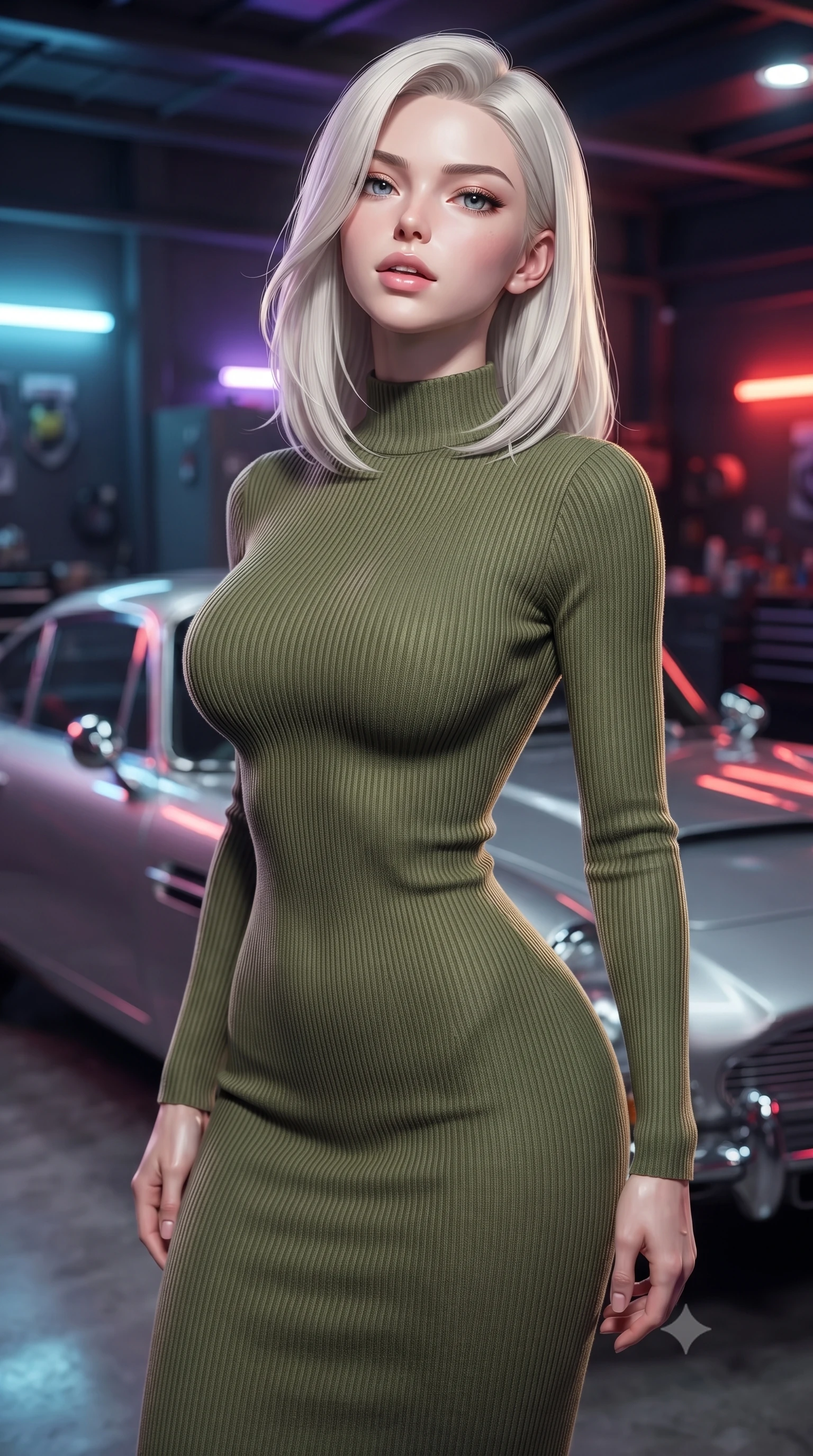 score_9, masterpiece, best quality, ultra-detailed, high-budget anime keyframe, editorial fashion photography, tasteful artistic composition, Caucasian woman. close-up cowboy shot from the waist and thighs up, the character dominates the composition, filling the frame with her large presence, background elements kept in soft focus. tilting her chin up slightly with lips parted in a composed, provocative expression the background shows a soft-focus a private high-tech garage with a sleek silver classic supercar and neon lights. She has an exceptionally elegant, slender, and willowy female figure with an ultra-slim waist, a gracefully sculpted slender torso, and a refined silhouette. sharp v-shaped jawline, high-bridge nose, intricate jewel-like eyes with depth, thick eyelashes, glossy lips with a natural sheen. wearing a form-contouring form-contouring ribbed knit bodycon midi dress in olive green, tracing her slender silhouette with a high neck. neon rim lights reflecting off the metallic paint and chrome surfaces. ultra-reflective glossy finish, specular highlights, metallic sheen, high-contrast stereoscopic depth, volumetric dynamic lighting, 2k, ultra detail, master piece, 9:16 ratio