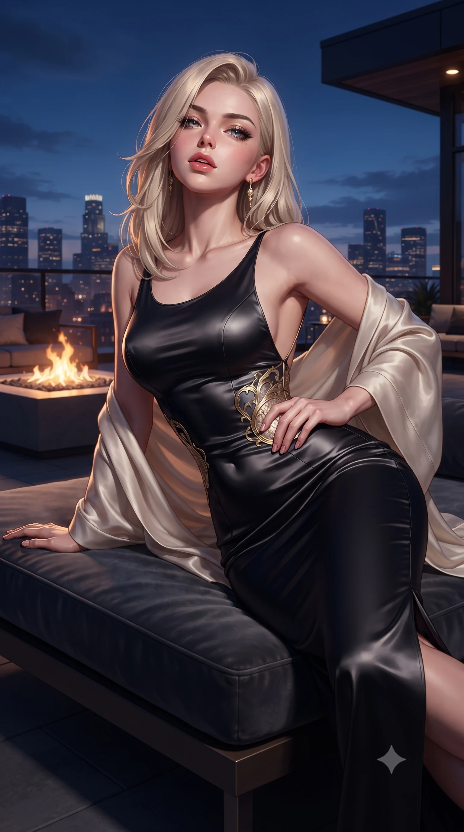 score_9, masterpiece, best quality, ultra-detailed, high-budget anime keyframe, editorial fashion photography, tasteful artistic composition, Caucasian woman. close-up cowboy shot from the waist and thighs up, the character dominates the composition, filling the frame with her large presence. tilting her chin up with proud, sovereign allure while gazing through thick eyelashes, one hand resting on her waist in pure supermodel charisma while reclining on her side across a floating velvet infinity daybed, one leg extended and torso propped on one elbow to accentuate the sweeping line of her curvy hips. The surrounding environment is rendered in vivid detail and crisp panoramic clarity. sleek modern luxury chiaroscuro and futuristic skyline elegance rendered with environmental precision. She has an exceptionally elegant, slender, and willowy female figure with an ultra-slim waist, a gracefully sculpted slender torso, toned flat midriff, and rounded feminine hips creating an alluring hourglass silhouette. sharp v-shaped jawline, high-bridge nose, intricate jewel-like eyes with depth, thick eyelashes, glossy parted lips with a natural sheen, intensely captivating and seductive bedroom-eyes expression, flawlessly proportioned anatomical accuracy, strict slender model proportions, natural body alignment, perfectly sculpted long slender limbs, ultra-slim waistline, clean dynamic posture without body distortion. wearing a sleek obsidian column dress with gold filigree hip cincher and plunging backline in champagne ivory and delicate rose gold, tailored from ultra-smooth duchess satin with a pearlescent sheen, finished with a gossamer silk shawl draped loosely over her elbows, the glove-like aerodynamic silhouette tightly following the natural contour of her hips and long slender legs with statuesque precision. bathed in twilight indigo sky tones and warm amber rooftop fire pit glow. ultra-reflective glossy finish, specular highlights, rich textural contrasts, high-contrast stereoscopic depth, volumetric dynamic lighting, 2k, ultra detail, master piece, 9:16 ratio