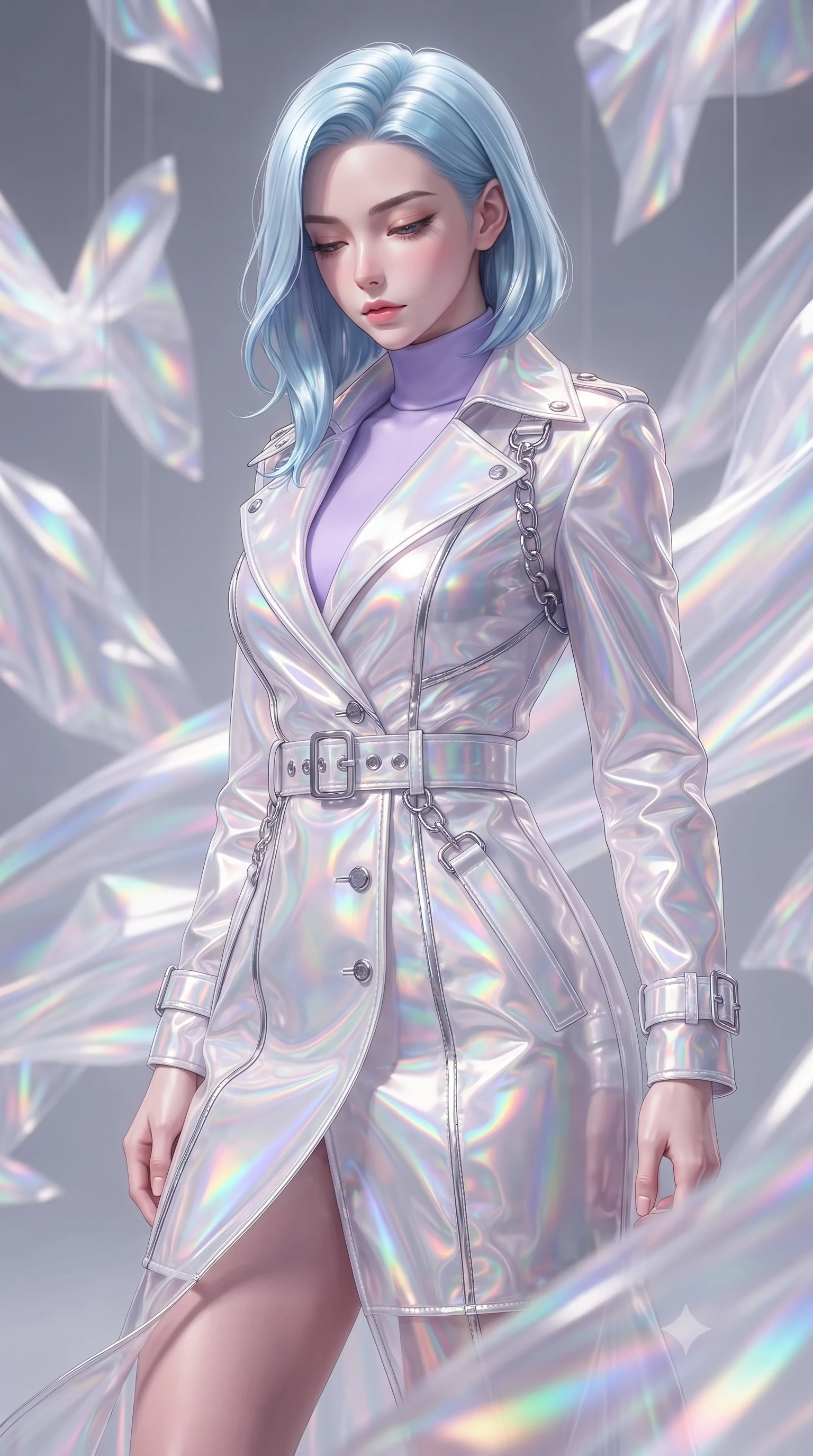 score_9, masterpiece, best quality, ultra-detailed, high-budget anime keyframe, editorial fashion photography, tasteful artistic composition, Korean woman. close-up cowboy shot from the waist and thighs up, the character dominates the composition, filling the frame with her large presence, background elements kept in soft focus. Looking down with lowered lashes and a composed, powerful aura, navigating a high-fashion pavilion filled with suspended holographic fabric sculptures, editorial fashion presence with ethereal movement trails. She has an exceptionally elegant, slender, and willowy female figure with an ultra-slim waist, a gracefully sculpted slender torso, and a refined silhouette. sharp v-shaped jawline, high-bridge nose, intricate jewel-like eyes with depth, thick eyelashes, glossy lips with a natural sheen. wearing structured pearl-white trench dress over sleek turtleneck in pastel lavender violet, made of iridescent hologram organza, framed by polished silver buckles and delicate chain details, contouring every curve with an exceptionally elegant silhouette. illuminated by brilliant multi-color rainbow light refracting through holographic organza. ultra-reflective glossy finish, specular highlights, metallic sheen, high-contrast stereoscopic depth, volumetric dynamic lighting, 2k, ultra detail, master piece, 9:16 ratio