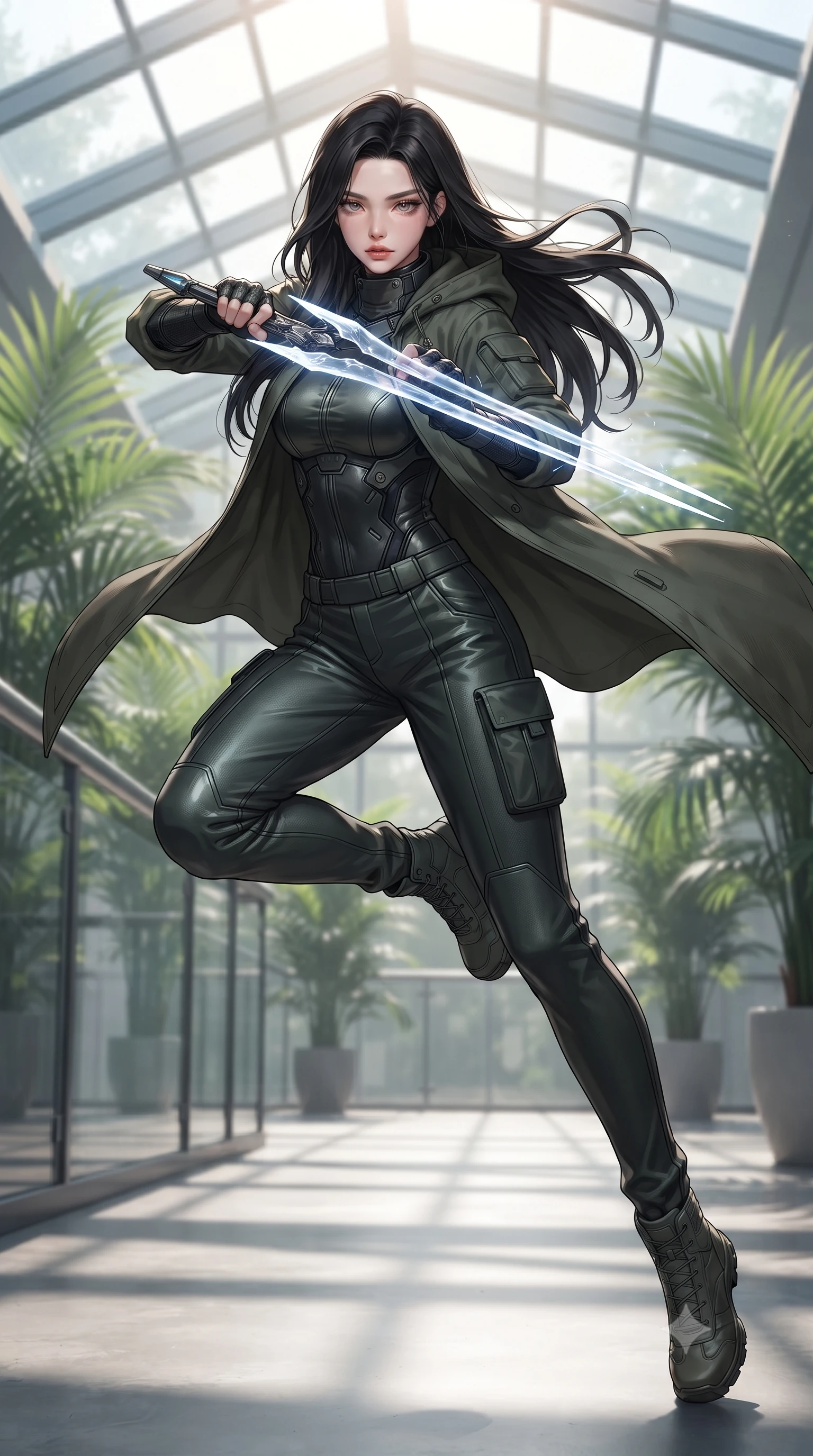 score_9, masterpiece, best quality, ultra-detailed, high-budget anime keyframe, editorial fashion photography, tasteful artistic composition, Korean woman. low angle full-body shot from head to toe showing her feet, filling the entire 9:16 vertical frame with her statuesque presence, stretching her vertical silhouette. leaping forward while slashing with a twin-bladed plasma sword in mid-air, her body-contouring suit showing her athletic silhouette, the background shows a soft-focus a greenhouse hangar balcony decorated with potted palms and glass railings. She has an absolutely perfect, statuesque 8.5-heads proportion, an exceptionally tall and slender model-like female figure with impossibly long slender legs and an ultra-slim waist. sharp v-shaped jawline, high-bridge nose, intricate jewel-like eyes with depth, thick eyelashes, glossy lips with a natural sheen. wearing a body-hugging tactical combat cloak in muted green cotton, draped over a high-collar carbon-weave under-armor suit and cargo pants. bright morning sun rays creating fresh and energetic shadows. ultra-reflective glossy finish, specular highlights, metallic sheen, high-contrast stereoscopic depth, volumetric dynamic lighting, 2k, ultra detail, master piece, 9:16 ratio