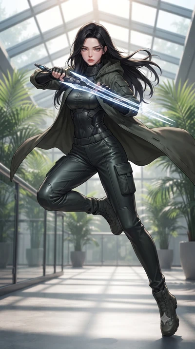 score_9, masterpiece, best quality, ultra-detailed, high-budget anime keyframe, editorial fashion photography, tasteful artistic composition, Korean woman. low angle full-body shot from head to toe showing her feet, filling the entire 9:16 vertical f