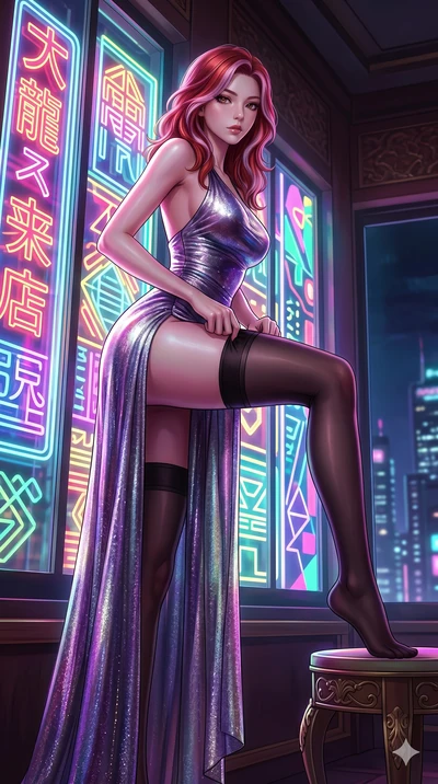 score_9, masterpiece, best quality, ultra-detailed, High-budget Anime Keyframe, East Asian woman. Low angle cowboy shot filling the entire 9:16 frame with her statuesque presence. Scenario 167: Adjusting her thigh-high stocking by a glowing neon wind