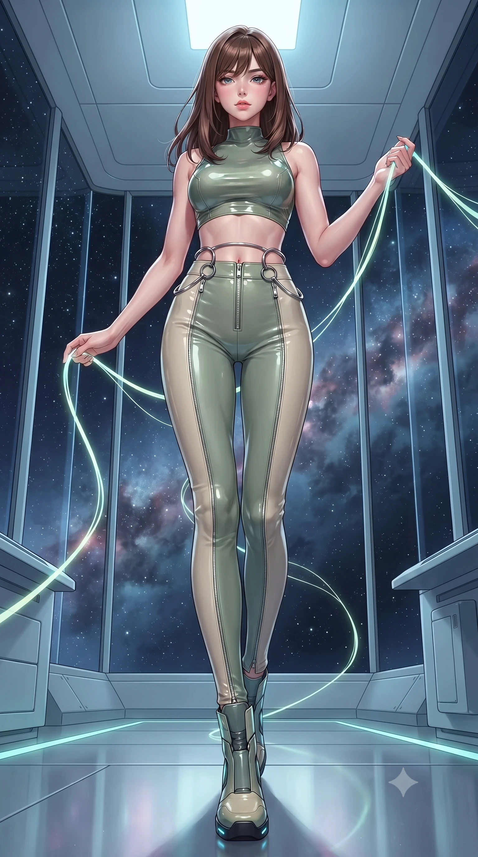 score_9, masterpiece, best quality, ultra-detailed, high-budget anime keyframe, editorial fashion photography, tasteful artistic composition, Korean woman. low angle full-body shot from head to toe showing her feet, filling the entire 9:16 vertical frame with her statuesque presence, stretching her vertical silhouette. stepping forward with proud posture, filling the vertical frame with her magnetic presence threading neon fiber-optic ribbons in a futuristic laboratory room, starlight and cosmic nebula clouds glowing through the floor-to-ceiling glass. She has an absolutely perfect, statuesque 8.5-heads proportion, an exceptionally tall and slender model-like female figure with impossibly long slender legs and an ultra-slim waist. sharp v-shaped jawline, high-bridge nose, intricate jewel-like eyes with depth, thick eyelashes, glossy lips with a natural sheen. wearing a glossy vinyl crop top and high-waist tailored leggings with sleek zippers in sage green and oatmeal, tailored from high-gloss patent leather, accented with delicate chrome ring hardware framing her waist, the form-contouring material highlighting her ultra-slim waist and long lines. surrounded by a crisp high-tech illumination highlighting every sleek curve. highly saturated vibrant anime colors, detailed shading with soft gradients, rich glossy textures, high-contrast stereoscopic depth, volumetric dynamic lighting, master piece, 9:16 ratio