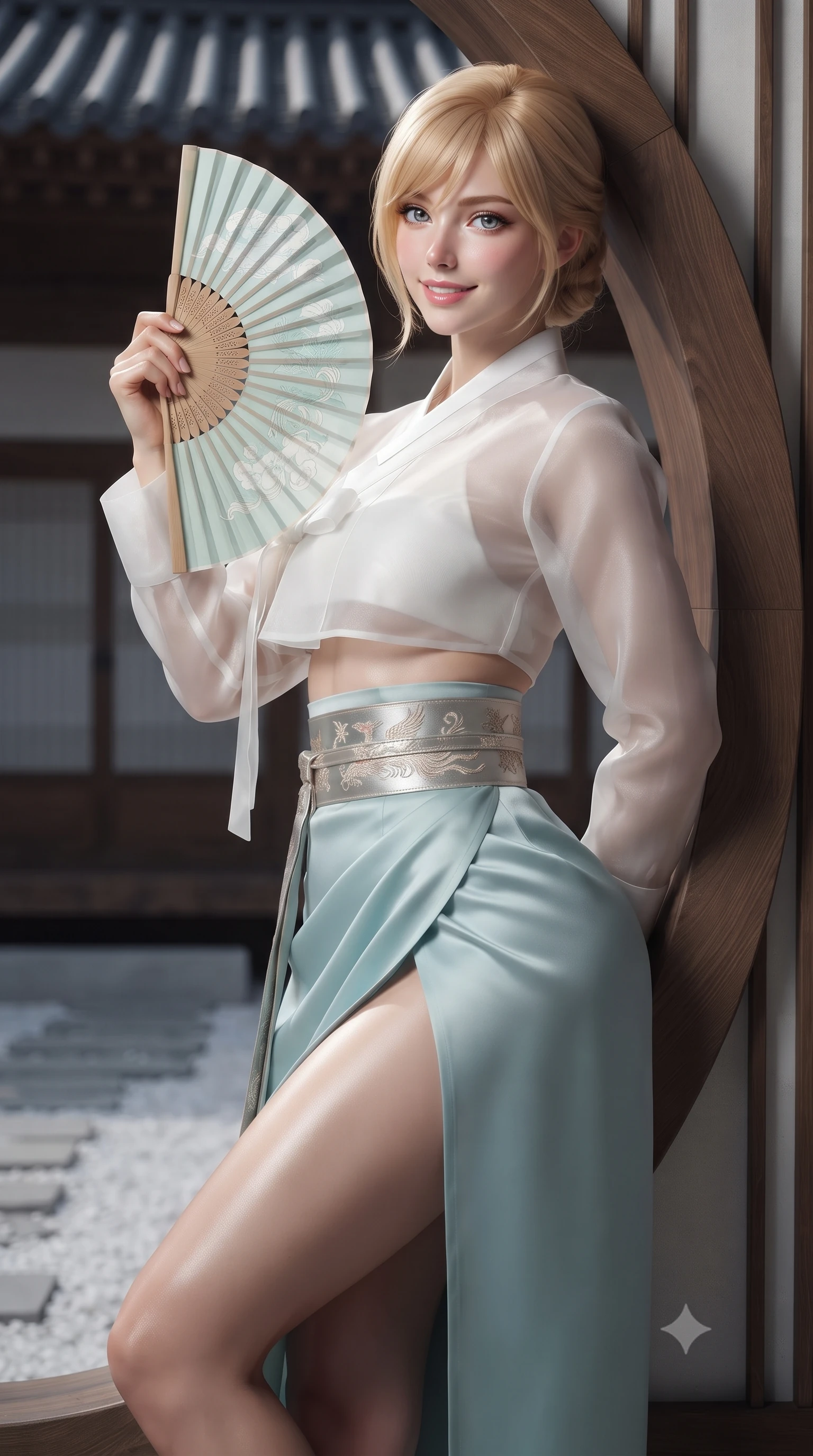 score_9, masterpiece, best quality, ultra-detailed, high-budget anime keyframe, editorial fashion photography, tasteful artistic composition, Caucasian woman. close-up cowboy shot from the waist and thighs up, the character dominates the composition, filling the frame with her large presence. playfully unfurling a painted silk fan toward the lens, her radiant smile capturing fresh girlhood charm while her arched torso reveals an intoxicating hip contour while leaning against the circular timber frame with hips cocked back, looking into the lens with an enchanting, tranquil bedroom-gaze. The surrounding environment is rendered in vivid detail and crisp panoramic clarity: detailed raw silk fabric sheen, moonlight specular highlights on skin, and classical Zen temple architecture in razor-sharp precision. She has an exceptionally elegant, slender, and willowy female figure with an ultra-slim waist, flat toned midriff, narrow ribcage, and sculpted feminine hips creating an alluring, slim hourglass silhouette without bulk. sharp v-shaped jawline, high-bridge nose, intricate jewel-like dark sparkling almond eyes with depth, thick lashes, glossy parted lips with a natural rose-plum sheen, bright alluring and coquettish smile with bedroom-eyes, exuding both timeless oriental elegance and sovereign high-fashion allure, flawlessly proportioned anatomical accuracy, strict slender model proportions, natural body alignment, perfectly sculpted long slender limbs, ultra-slim waistline, clean dynamic posture without body distortion. wearing a cropped semi-sheer silk organza jeogori top paired with an ultra-high-waisted wrapped chima skirt featuring a dramatic thigh-high side slit in pure celadon porcelain blue and cloud white, made of supple second-skin stretch silk jersey clinging flawlessly to her form, finished with a wide metallic obi sash with intricate embroidered phoenix motifs, the high-waisted wrap tailoring accentuating her ultra-slim waistline and the enchanting curve of her feminine hips with alluring oriental charm. illuminated by white gravel bounce fill and sharp crystalline platinum rim lighting sculpting her razor-sharp jawline, narrow waist, and curvy hips. ultra-reflective glossy finish, specular highlights, rich textural contrasts, high-contrast stereoscopic depth, volumetric dynamic lighting, 2k, ultra detail, master piece, 9:16 ratio