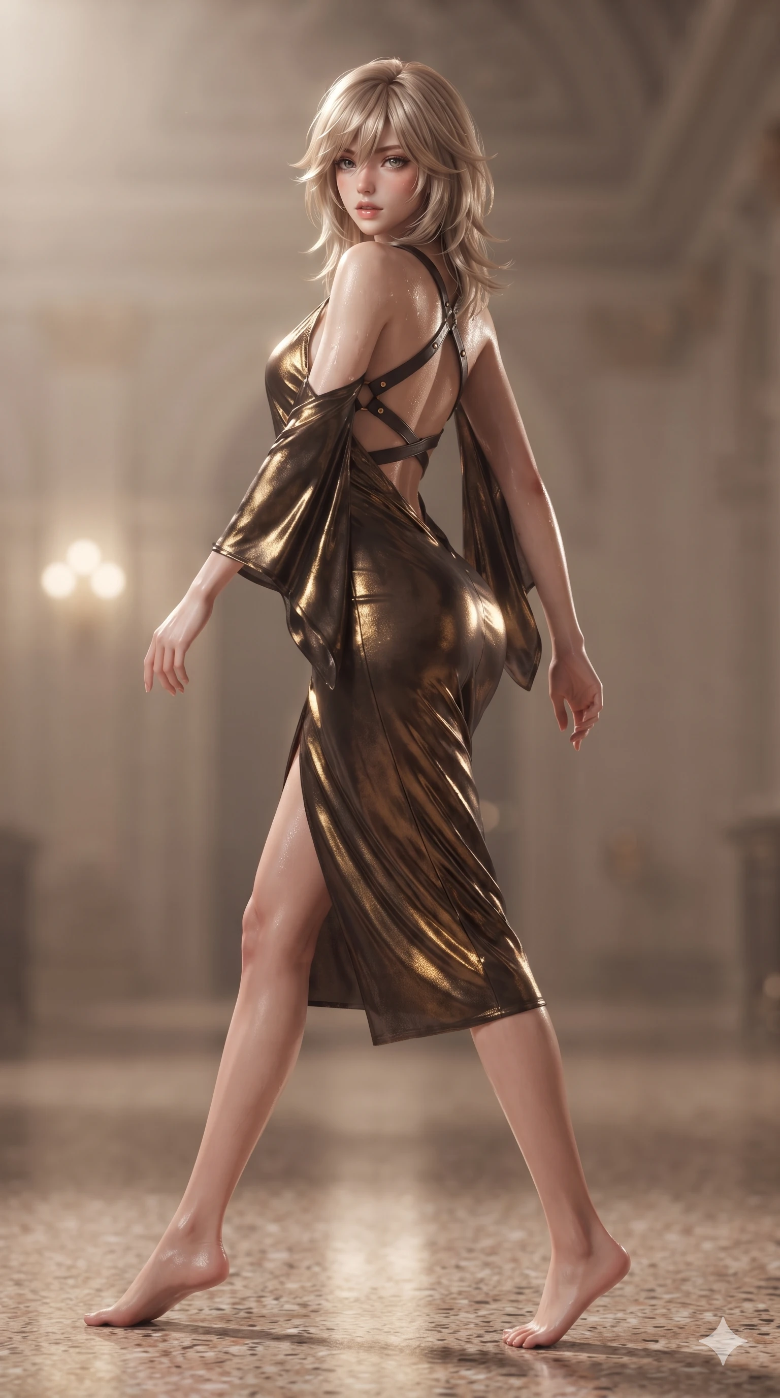 score_9, masterpiece, best quality, ultra-detailed, high-budget anime keyframe, editorial fashion photography, tasteful artistic composition, Japanese woman. low angle full-body shot from head to toe showing her feet, filling the entire 9:16 vertical frame with her statuesque presence, stretching her vertical silhouette. stepping forward in a confident stride, her long slender legs and curvaceous hips creating a dynamic, sweeping vertical line while twisting her slender torso in an alluring contrapposto, sparkling chandelier prisms and moonlight tracing her flat midriff and hourglass curves. The background shows a soft-focus champagne ambient haze softened in palazzo ballroom loggia shallow focus. She has an exceptionally tall and slender model-like 8.5-heads proportion, an ultra-slim waist, a flat toned midriff, narrow delicate ribcage, and beautifully sculpted feminine hips creating a graceful, slim hourglass silhouette without any bulky heaviness, with impossibly long slender legs. sharp v-shaped jawline, high-bridge nose, intricate jewel-like sparkling eyes with depth, thick eyelashes, glossy parted lips with a natural sheen, intensely captivating and seductive bedroom-eyes expression, exuding both youthful cute charm and sovereign luxury allure, flawlessly proportioned anatomical accuracy, strict slender model proportions, natural body alignment, perfectly sculpted long slender limbs, ultra-slim waistline, clean dynamic posture without body distortion. wearing a delicate semi-translucent silk yukata that clings to her wet skin and curvy hip contours in dark espresso brown and molten gold foil, crafted from luxurious metallic lamé that shifts radiance with every step, featuring an open-back criss-cross harness strap in dark leather, the form-contouring material adhering flawlessly to her sculpted flat midriff and slender torso, emphasizing her long leg lines and perfectly proportioned willowy build. illuminated by polished terrazzo floor bounce and sharp gold-sapphire rim lights sculpting her razor-sharp jawline, narrow waist, and curvy hips. ultra-reflective glossy finish, specular highlights, rich textural contrasts, high-contrast stereoscopic depth, volumetric dynamic lighting, 2k, ultra detail, master piece, 9:16 ratio