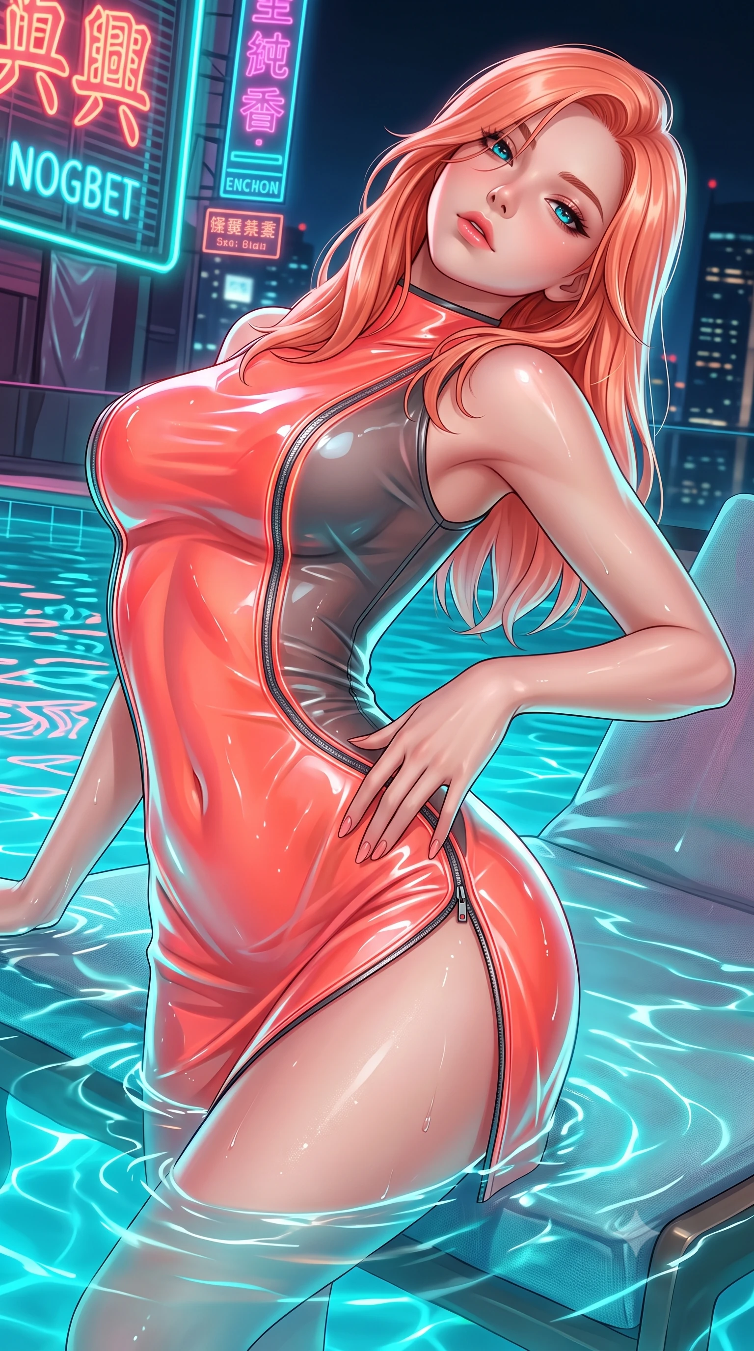 score_9, masterpiece, best quality, ultra-detailed, high-budget anime keyframe, semi-realistic 3D game render, editorial fashion photography, tasteful artistic composition, Japanese woman. close-up cowboy shot from the waist and thighs up, the character dominates the composition, filling the frame with her large presence. arching her spine backward with effortless dancer poise, one hand sliding along her hip line as directional light carves specular highlights along her silhouette while reclining on a submerged pool daybed with water lapping at her waist, arching her spine as glowing cyan pool caustics trace her curvy hips. The surrounding environment is rendered in vivid detail and crisp panoramic clarity. detailed neon sign typography, wet fabric sheen, and night skyline reflections in high clarity. She has an exceptionally elegant, slender, and willowy female figure with an ultra-slim waist, a gracefully sculpted slender torso, toned flat midriff, and rounded feminine hips creating an alluring hourglass silhouette. sharp v-shaped jawline, high-bridge nose, intricate jewel-like eyes with depth, thick eyelashes, glossy parted lips with a natural sheen, intensely captivating and seductive bedroom-eyes expression, flawlessly proportioned anatomical accuracy, strict slender model proportions, natural body alignment, perfectly sculpted long slender limbs, ultra-slim waistline, clean dynamic posture without body distortion. wearing a form-contouring vinyl track dress with diagonal zipper detailing and an ultra-high side slit in blazing neon coral and graphite grey, made of semi-translucent cybernetic vinyl with glowing micro-filaments, finished with a neon LED belt buckle and translucent vinyl tool pouch, the liquid-tight tailored fabric clinging flawlessly to her narrow waist and rounded feminine hips, emphasizing every millimeter of her sculpted hourglass curves during movement. illuminated by wet specular bounce lights accentuating her feminine waist-to-hip hourglass contour. highly saturated vibrant anime colors, detailed shading with soft gradients, rich glossy textures, high-contrast stereoscopic depth, volumetric dynamic lighting, master piece, 9:16 ratio