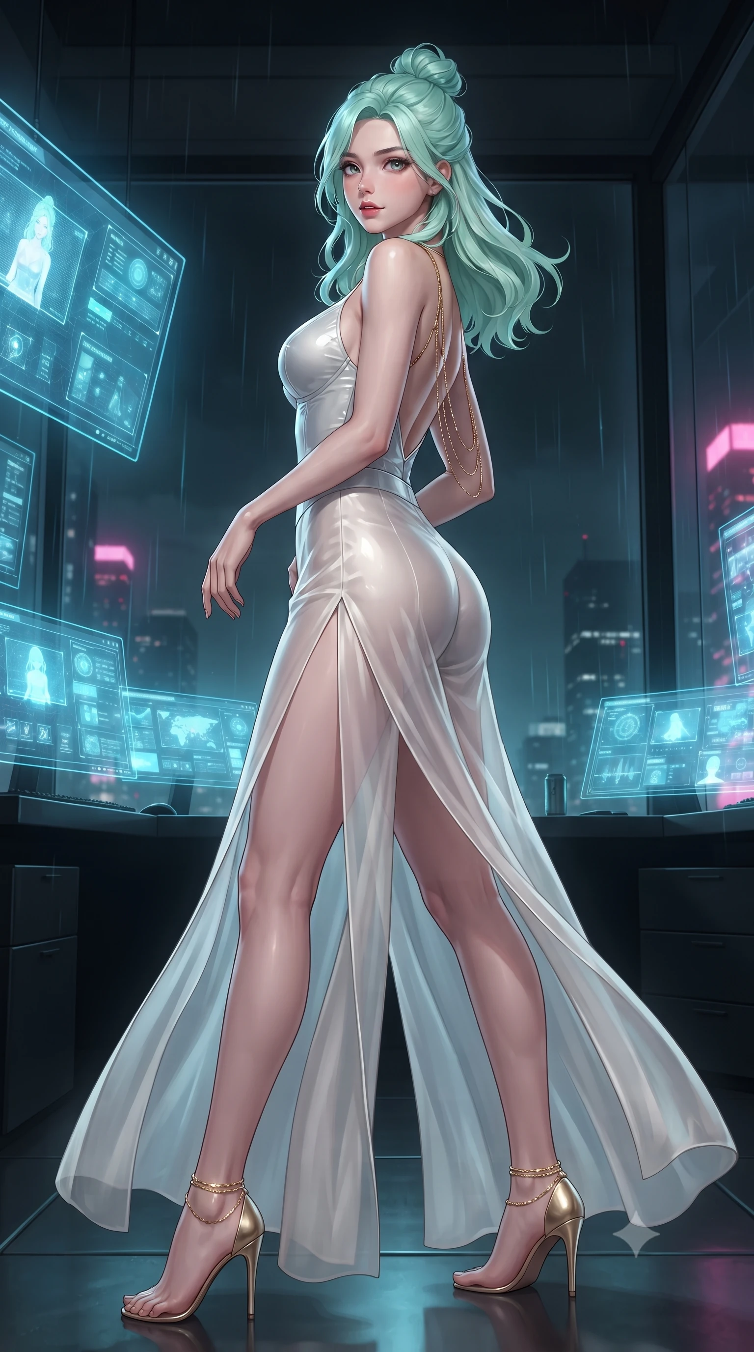 score_9, masterpiece, best quality, ultra-detailed, high-budget anime keyframe, editorial fashion photography, tasteful artistic composition, Japanese woman. low angle full-body shot from head to toe showing her feet, filling the entire 9:16 vertical frame with her statuesque presence, stretching her vertical silhouette. executing a slow, graceful pivot turn as her skirt sways around her slender legs, glancing back with an enchanting, teasing sensual expression while twisting her slender torso in an alluring contrapposto stance, glowing holographic surveillance screens and neon rain tracing her curves. The surrounding environment is rendered in vivid detail and crisp panoramic clarity: detailed plunging cowl-neck liquid satin slip cling, gold ankle chain shine, and industrial penthouse architecture in razor-sharp precision. She has an absolutely perfect, statuesque 8.5-heads proportion, an exceptionally tall and slender model-like female figure with impossibly long slender legs, an ultra-slim waist, a flat toned midriff, narrow delicate ribcage, and beautifully sculpted feminine hips creating a graceful, slim hourglass silhouette without any bulky heaviness. sharp v-shaped jawline, high-bridge nose, sparkling eyes with hypnotic seductive depth, thick curled eyelashes, glossy parted lips with a natural dewy peach sheen, alluring bedroom-eyes with an enchanting coquettish smile, exuding magnetic siren charisma and sophisticated glamour, flawlessly proportioned anatomical accuracy, strict slender model proportions, natural body alignment, perfectly sculpted long slender limbs, ultra-slim waistline, clean dynamic posture without body distortion. wearing a wet-look form-fitting vinyl bustier paired with sheer chiffon high-slit wide-leg trousers in pure pearl alabaster with platinum sheen, crafted from fluid liquid silk satin that clings smoothly to every curve with a dewy sheen, accented with an open-back drape framed by falling strands of delicate gold chains, the liquid-tight tailored fabric clinging flawlessly to her narrow waist and rounded feminine hips, emphasizing every millimeter of her sculpted slim hourglass curves without any bulky heaviness. bathed in moody chiaroscuro lighting spilling from glowing holographic displays and exterior city neon. ultra-reflective glossy finish, specular highlights, rich textural contrasts, high-contrast stereoscopic depth, volumetric dynamic lighting, 2k, ultra detail, master piece, 9:16 ratio