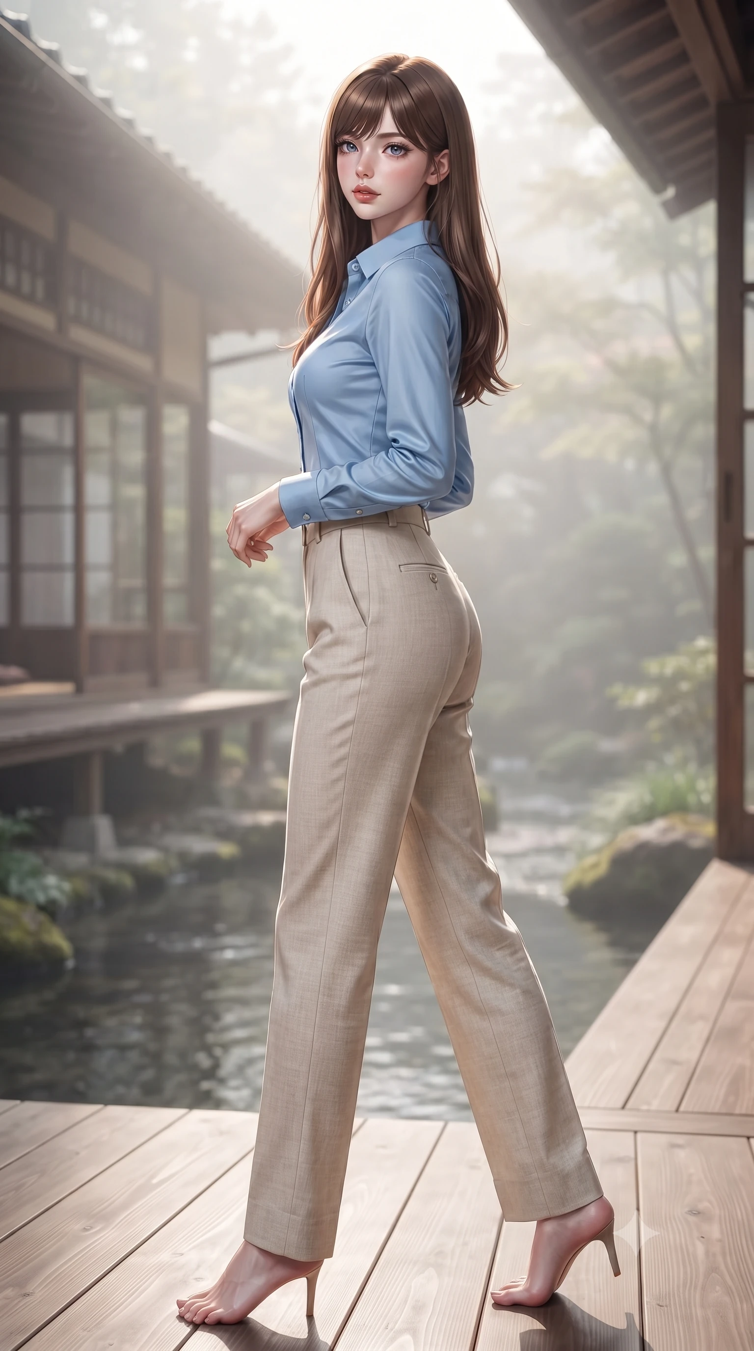 score_9, masterpiece, best quality, ultra-detailed, high-budget anime keyframe, editorial fashion photography, tasteful artistic composition, Korean woman woman. low angle full-body shot from head to toe showing her feet, filling the entire 9:16 vertical frame with her statuesque presence, stretching her vertical silhouette. stepping gracefully while looking back over her shoulder, her dress draped tightly to reveal her silhouette the background shows a soft-focus a wooden deck of a traditional Japanese inn overlooking a quiet stream. She has an absolutely perfect, statuesque 8.5-heads proportion, an exceptionally tall and slender model-like female figure with impossibly long slender legs and an ultra-slim waist. sharp v-shaped jawline, high-bridge nose, intricate jewel-like eyes with depth, thick eyelashes, glossy lips with a natural sheen. wearing a slim-fit tailored sky blue button-down shirt tucked into high-waisted beige linen trousers. soft morning mist diffusing the sunlight, creating a tranquil atmosphere. ultra-reflective glossy finish, specular highlights, metallic sheen, high-contrast stereoscopic depth, volumetric dynamic lighting, 2k, ultra detail, master piece, 9:16 ratio
