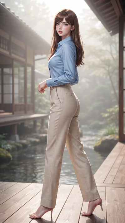score_9, masterpiece, best quality, ultra-detailed, high-budget anime keyframe, editorial fashion photography, tasteful artistic composition, Korean woman woman. low angle full-body shot from head to toe showing her feet, filling the entire 9:16 vert