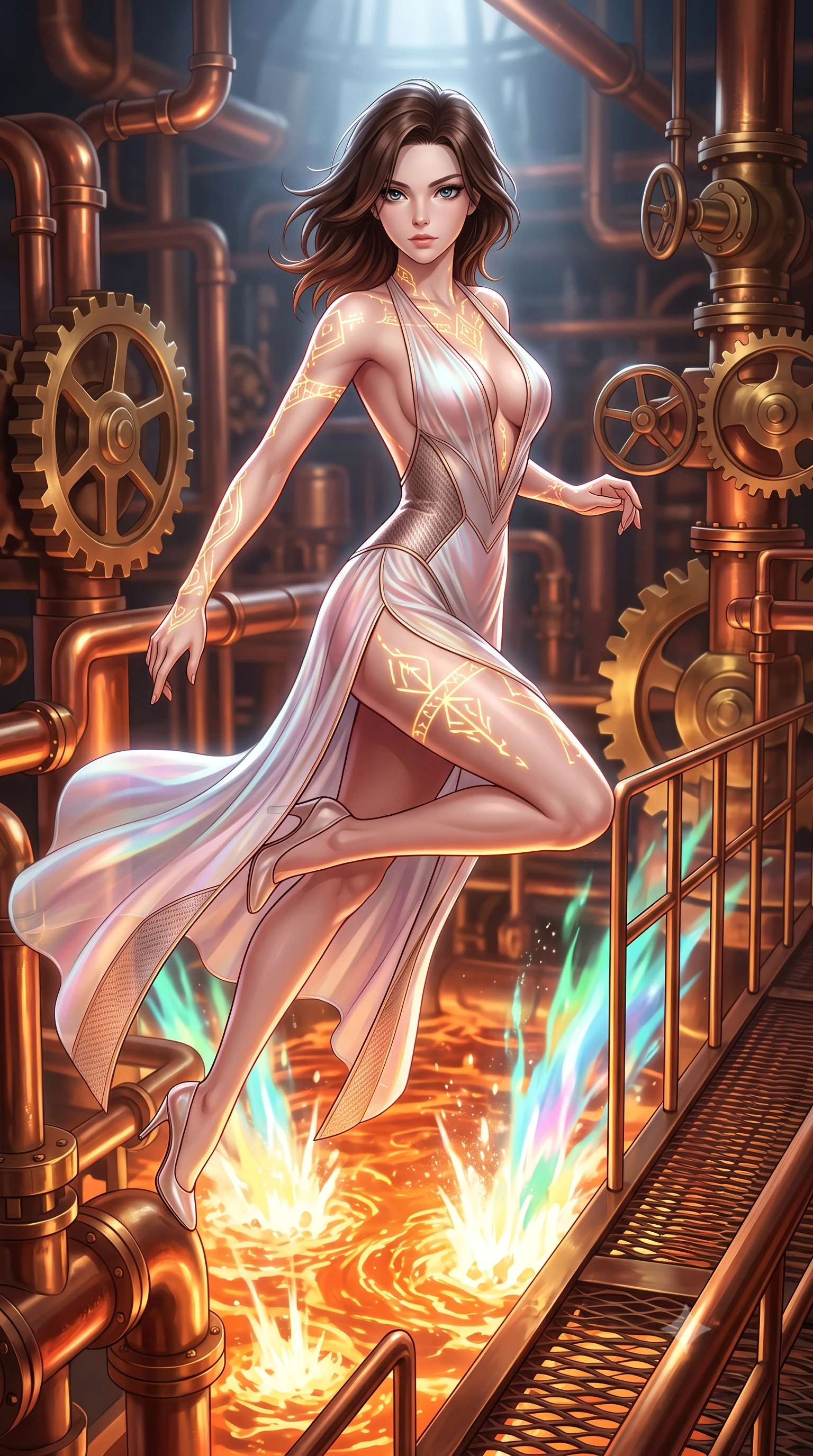score_9, masterpiece, best quality, ultra-detailed, high-budget anime keyframe, editorial fashion photography, tasteful artistic composition, Korean woman. close-up cowboy shot from the waist and thighs up, the character dominates the composition, filling the frame with her large presence, background elements kept in soft focus. Gazing past the lens with composed intensity as her torso curves dynamically in mid-motion while leaping across a copper catwalk as boiling liquid aurora energy erupts below, intricate copper pipes and brass gears gleam with furnace heat reflections. She has an exceptionally elegant, slender, and willowy female figure with an ultra-slim waist, a gracefully sculpted slender torso, and a refined silhouette. sharp v-shaped jawline, high-bridge nose, intricate jewel-like eyes with depth, thick eyelashes, glossy lips with a natural sheen, flawlessly proportioned anatomical accuracy, natural body alignment, perfectly sculpted elegant limbs, clean dynamic posture without body distortion. wearing a translucent iridescent chiffon gown with a plunging neckline and open back in pearl white and rose gold, made of fine carbon-fiber weave and soft matte leather, finished with a sleek side slit ascending to mid-thigh, the tailored fabric tightly following every curve of her athletic build. illuminated by golden alchemy rune radiance and dramatic top key light. highly saturated vibrant anime colors, detailed shading with soft gradients, rich glossy textures, high-contrast stereoscopic depth, volumetric dynamic lighting, master piece, 9:16 ratio