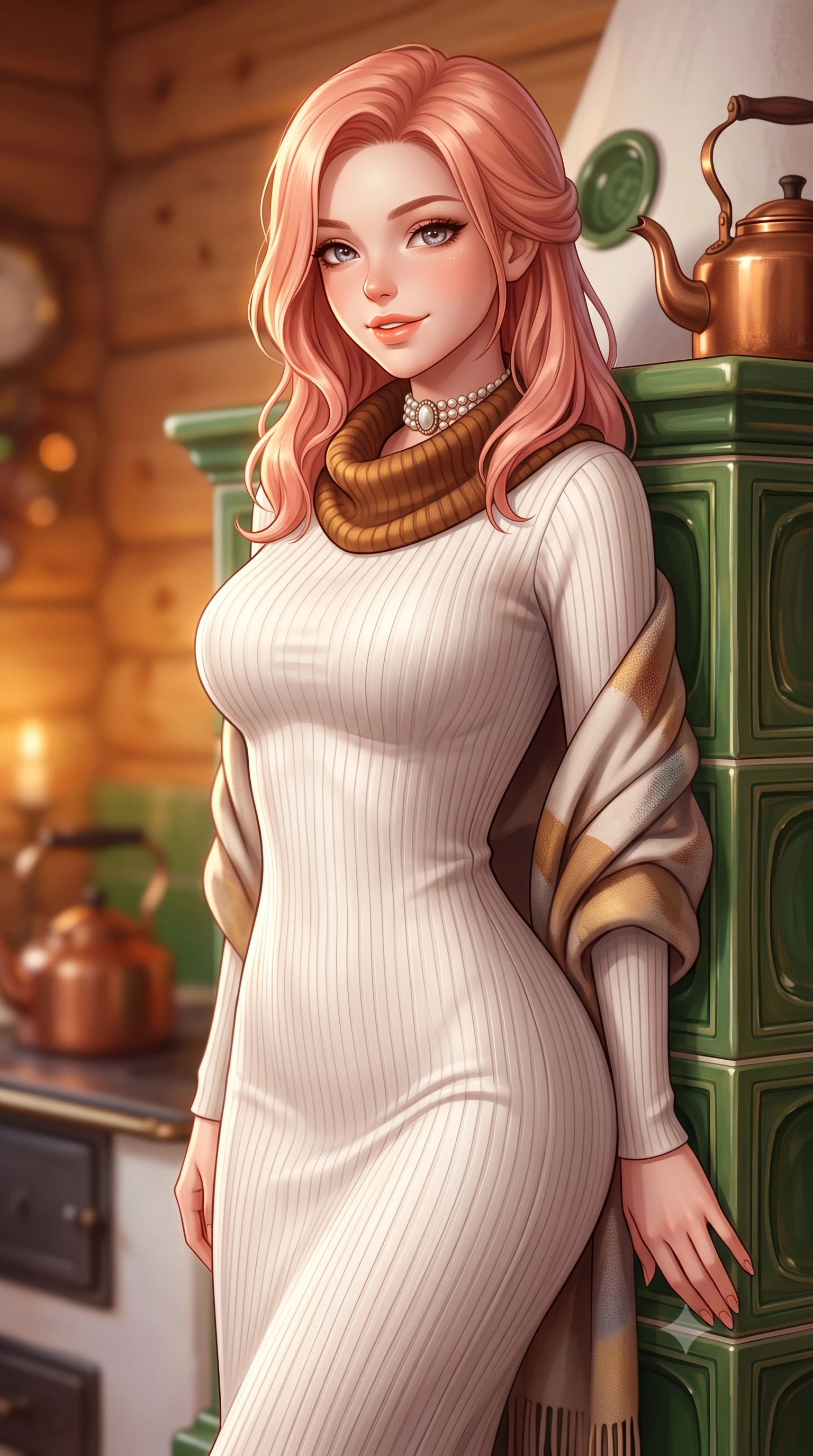 score_9, masterpiece, best quality, ultra-detailed, high-budget anime keyframe, semi-realistic 3D game render, editorial fashion photography, tasteful artistic composition, Japanese woman. close-up cowboy shot from the waist and thighs up, the character dominates the composition, filling the frame with her large presence. turning in an alluring three-quarter profile with head tilted, her glossy parted lips and jewel-like eyes catching the warm light while leaning against the warm ceramic tiles of the traditional Kachelofen stove, wrapped in a luxurious blanket scarf with cozy contented grace. The background shows a soft-focus hand-carved Swiss stone pine wood walls, painted green ceramic stove tiles, and copper kettles blurred into warm honey, forest green, and amber bokeh. She has an exceptionally elegant, slender, and willowy female figure with an ultra-slim waist, flat toned midriff, narrow ribcage, and sculpted feminine hips creating an alluring, slim hourglass silhouette without bulk. sharp v-shaped jawline, high-bridge nose, intricate jewel-like sparkling eyes with depth, thick eyelashes, glossy parted lips with a natural peach sheen, bright cheerful beaming smile with an enchanting and coquettish sensual glint, exuding both youthful cute charm and seductive allure, flawlessly proportioned anatomical accuracy, strict slender model proportions, natural body alignment, perfectly sculpted long slender limbs, ultra-slim waistline, clean dynamic posture without body distortion. wearing a form-contouring ribbed knit bodycon maxi dress in snow ivory with a cozy high cowl-neck hugging every curve in warm chestnut brown and burnished gold, crafted from liquid-tight stretch cashmere knit clinging flawlessly to every curve with silky softness, complemented by an antique baroque pearl choker accentuating her delicate neck and collarbones, the liquid-tight tailored fabric clinging flawlessly to her narrow waist and rounded feminine hips, emphasizing every millimeter of her sculpted slim hourglass curves without any bulky heaviness. bathed in cozy 2700K warm ambient candlelight and soft porcelain stove radiance combined with cool winter window light. highly saturated vibrant anime colors, detailed shading with soft gradients, rich glossy textures, high-contrast stereoscopic depth, volumetric dynamic lighting, master piece, 9:16 ratio
