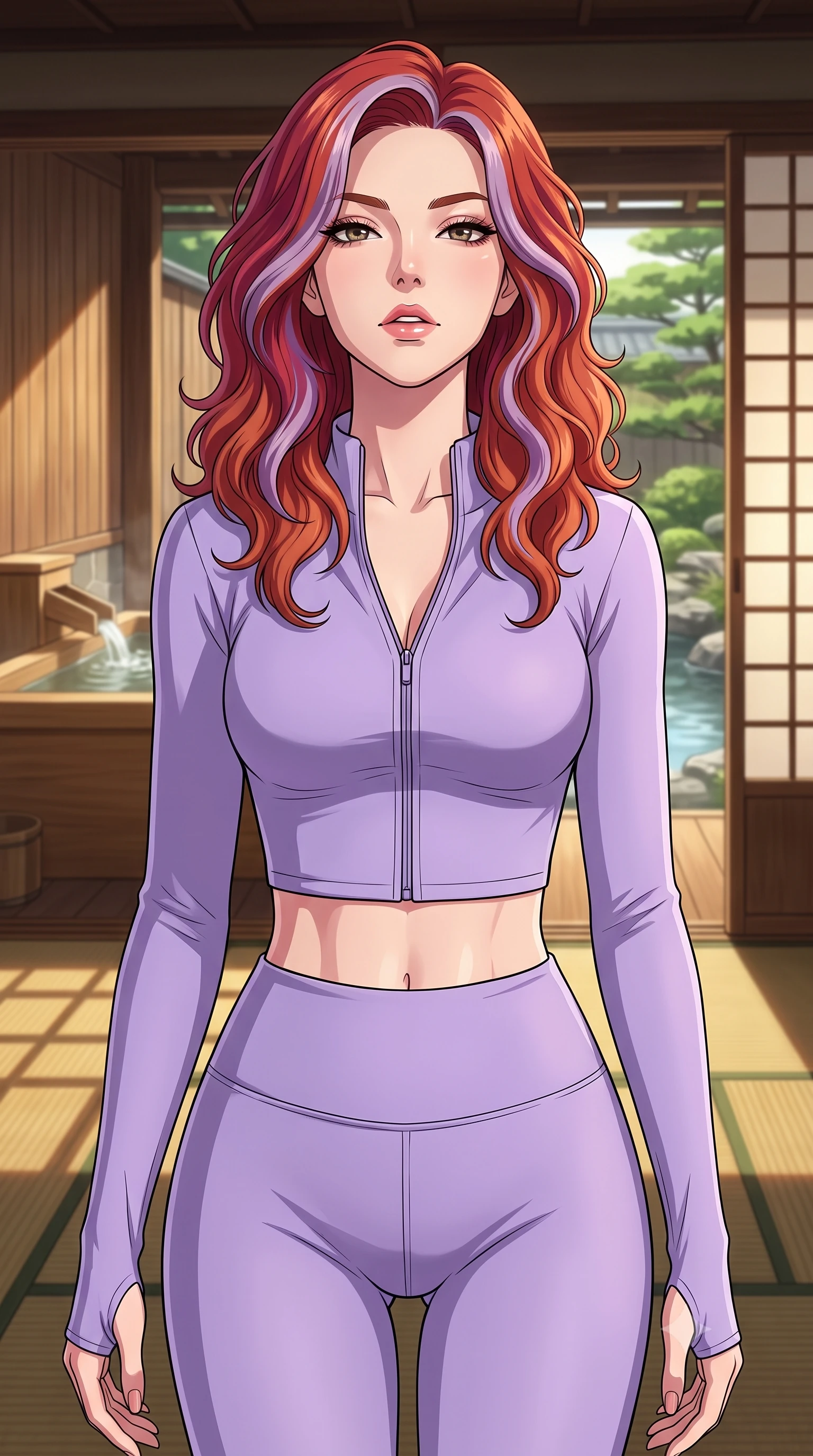 score_9, masterpiece, best quality, ultra-detailed, high-budget anime keyframe, tasteful artistic composition, Caucasian woman. close-up cowboy shot from the waist and thighs up, the character dominates the composition, filling the frame with her large presence, background elements kept in soft focus. tilting her chin up slightly with lips parted in a composed, provocative expression the background shows a soft-focus a ryokan stream hot spring cypress wood bath facing a moss garden. She has an exceptionally elegant, slender, and willowy female figure with an ultra-slim waist, a gracefully sculpted slender torso, and a refined silhouette. sharp v-shaped jawline, high-bridge nose, intricate jewel-like eyes with depth, thick eyelashes, glossy lips with a natural sheen. wearing a tailored body-hugging activewear set of a tailored zip-up long-sleeve crop top and matching high-waisted leggings in soft lavender. soft late afternoon sunrays casting long wooden grid shadows on the tatami. highly saturated vibrant anime colors, cel-shading, 2d style, master piece, 9:16 ratio