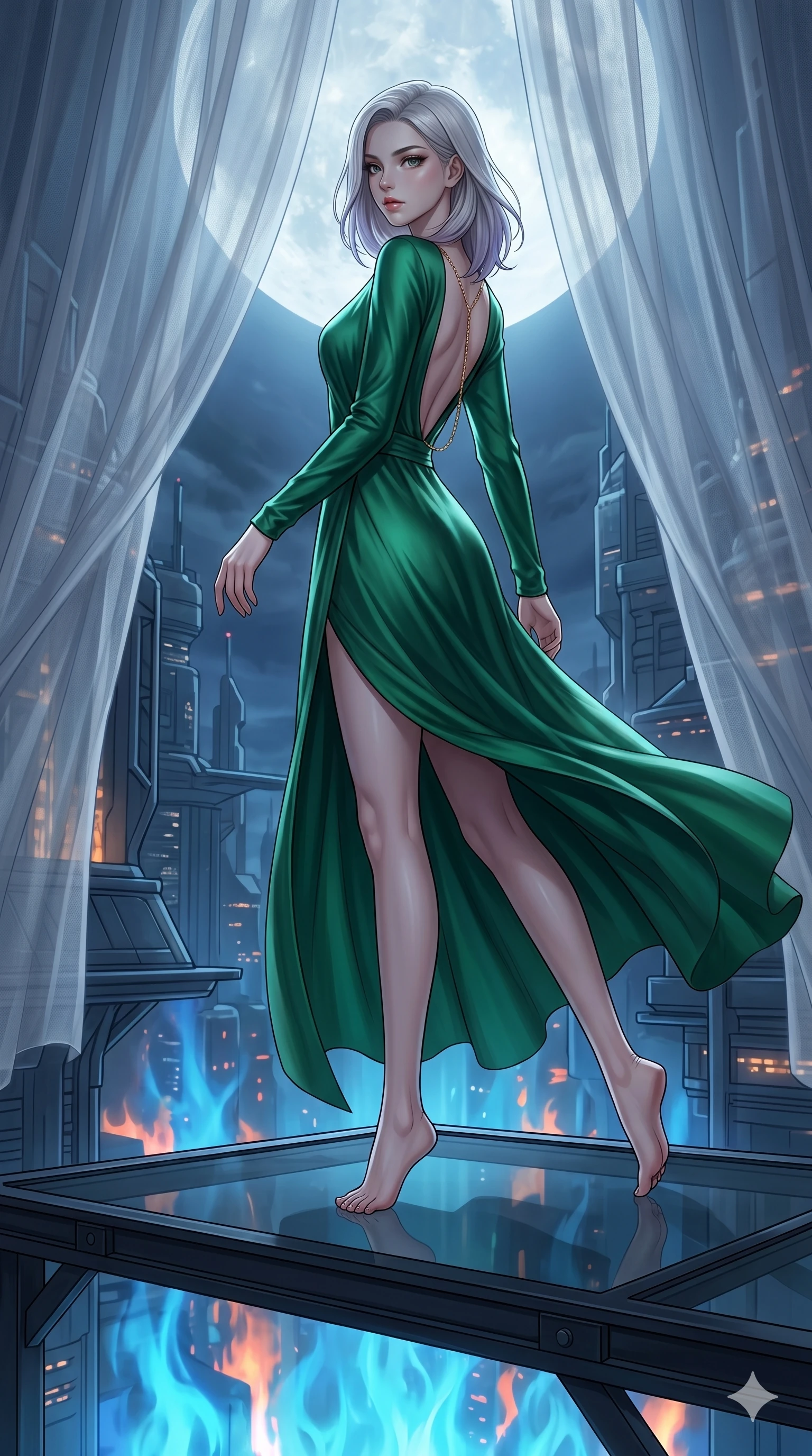 score_9, masterpiece, best quality, ultra-detailed, high-budget anime keyframe, editorial fashion photography, tasteful artistic composition, Caucasian woman, strictly human ears. low angle full-body shot from head to toe showing her feet, filling the entire 9:16 vertical frame with her statuesque presence, stretching her vertical silhouette. Executing a dynamic turning step with one leg extended behind on a platform of dark glass suspended above a canyon of glowing blue thermal vents. She has an absolutely perfect 8-heads proportion, an exceptionally tall and slender female figure with impossibly long slender legs and an ultra-slim waist. V-shaped jawline, high-bridge nose, intricate jewel-like eyes with depth, thick eyelashes, glossy lips with a natural sheen. wearing an emerald green silk wrap gown with a deep V-neck, long sleeves, and a low open-back design held by a single gold chain. bathed in cold silver moonlight filtered through translucent gossamer curtains casting soft shadows on her curves. 2k, ultra detail, master piece, 9:16 ratio