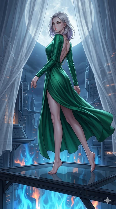 score_9, masterpiece, best quality, ultra-detailed, high-budget anime keyframe, editorial fashion photography, tasteful artistic composition, Caucasian woman, strictly human ears. low angle full-body shot from head to toe showing her feet, filling th