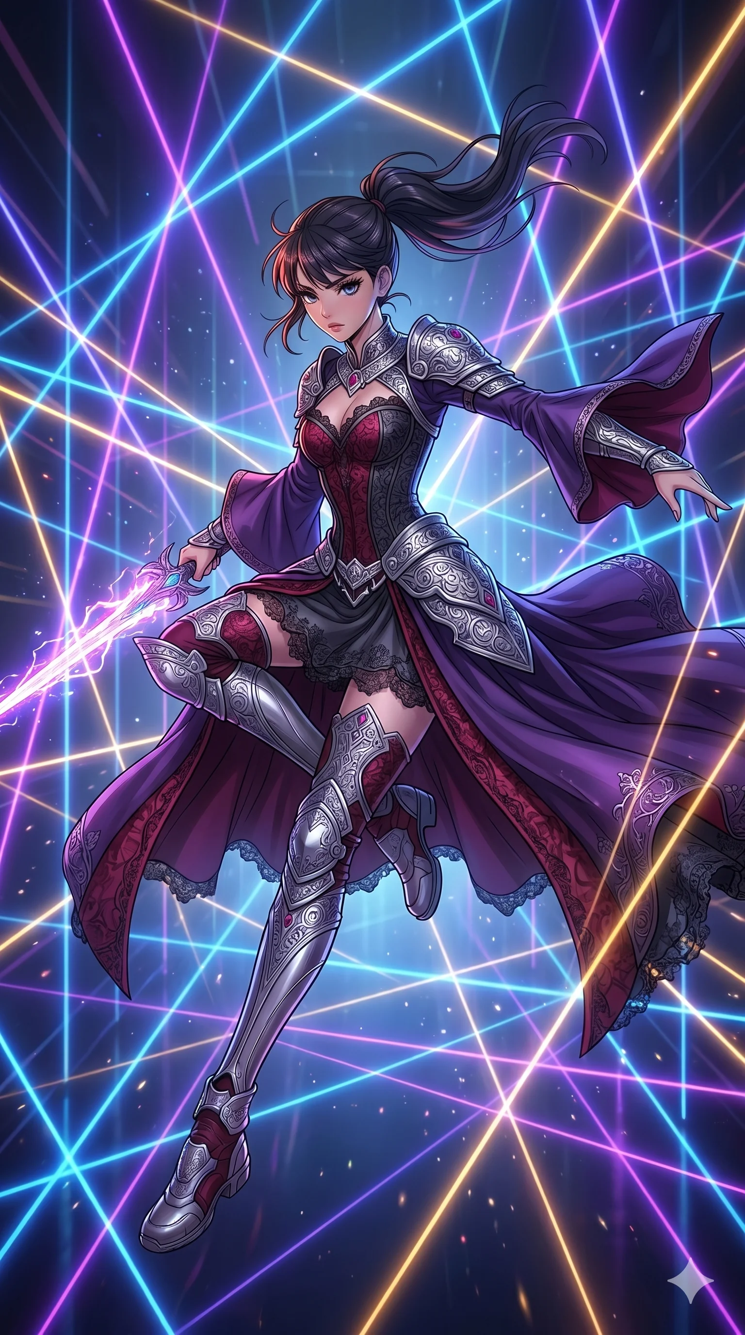 score_9, masterpiece, best quality, ultra-detailed, high-budget anime movie keyframe, cinematic anime lighting, intricate line art, Japanese woman. Mid-air action shot capturing a graceful twist and vertical silhouette. lunging forward with a shimmering energy blade in a corridor of lasers. She has an absolutely perfect 8-heads proportion, an exceptionally tall and slender female figure with graceful and slender proportions. strictly human anatomy, two legs only, no extra limbs, clearly defined legs and arms, perfect anatomy, perfect hands and fingers. sharp v-shaped jawline, high-bridge nose, intricate jewel-like eyes, thick eyelashes, glossy lips. Wearing Dark Fantasy: Gothic lace corset gown, bell-sleeved sorceress robes, and engraved silver plate armor over silk. The scene is illuminated by dramatic atmospheric lighting and vibrant color palettes. , 2k, ultra detail, master piece, 9:16 ratio