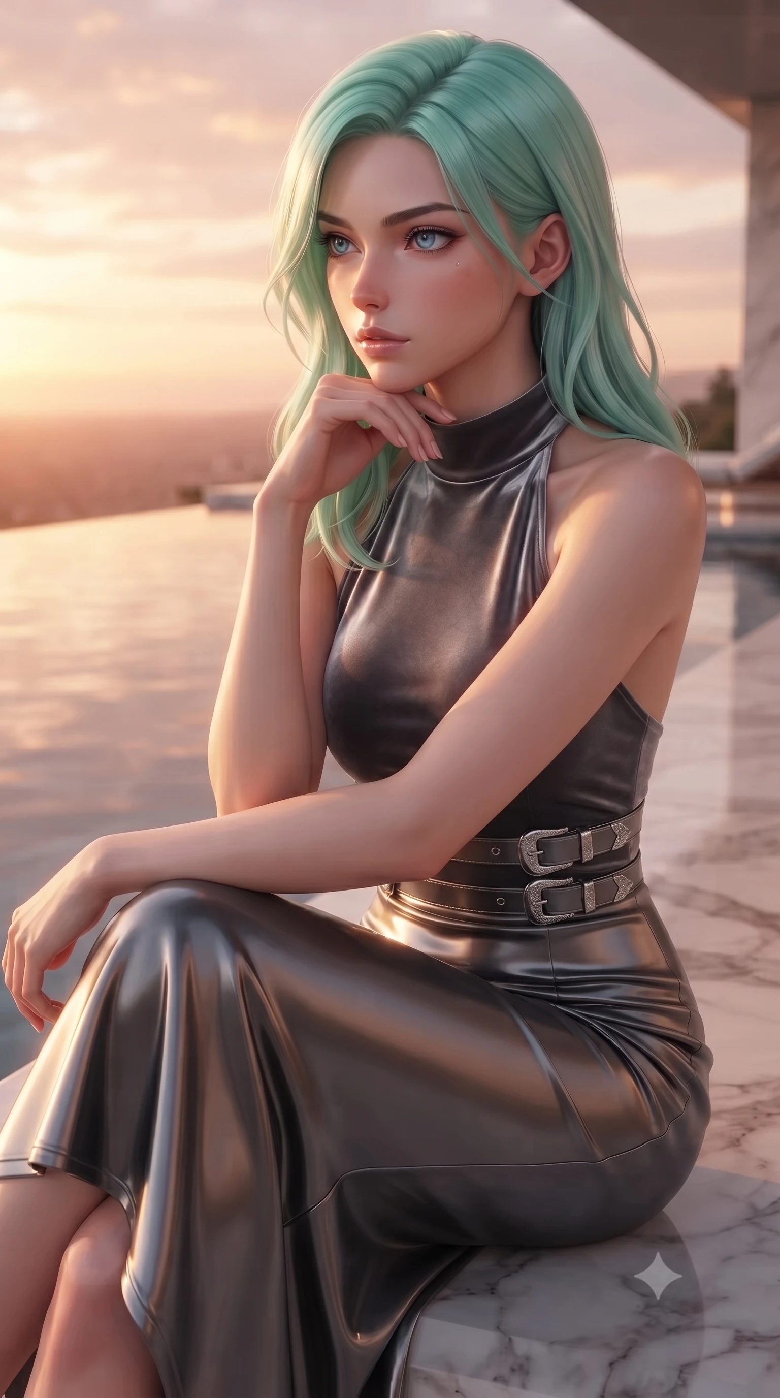 score_9, masterpiece, best quality, ultra-detailed, high-budget anime keyframe, editorial fashion photography, tasteful artistic composition, Japanese woman. close-up cowboy shot from the waist and thighs up, the character dominates the composition, filling the frame with her large presence, background elements kept in soft focus. Resting her chin on the backs of her fingers, casting a sharp, mysterious gaze poised beside an infinity reflecting pool mirroring a warm sunset sky, soft rose-gold and amber sunset light reflecting off polished marble. She has an exceptionally elegant, slender, and willowy female figure with an ultra-slim waist, a gracefully sculpted slender torso, and a refined silhouette. sharp v-shaped jawline, high-bridge nose, intricate jewel-like eyes with depth, thick eyelashes, glossy lips with a natural sheen. wearing a velvet halter-neck midi dress following her form like a glove in charcoal grey and platinum, crafted from smooth liquid silk, detailed with polished silver buckles along the waistline, the glove-like fit emphasizing her statuesque silhouette. lit by brilliant warm key light softening into smooth, elegant gradients. ultra-reflective glossy finish, specular highlights, metallic sheen, high-contrast stereoscopic depth, volumetric dynamic lighting, 2k, ultra detail, master piece, 9:16 ratio