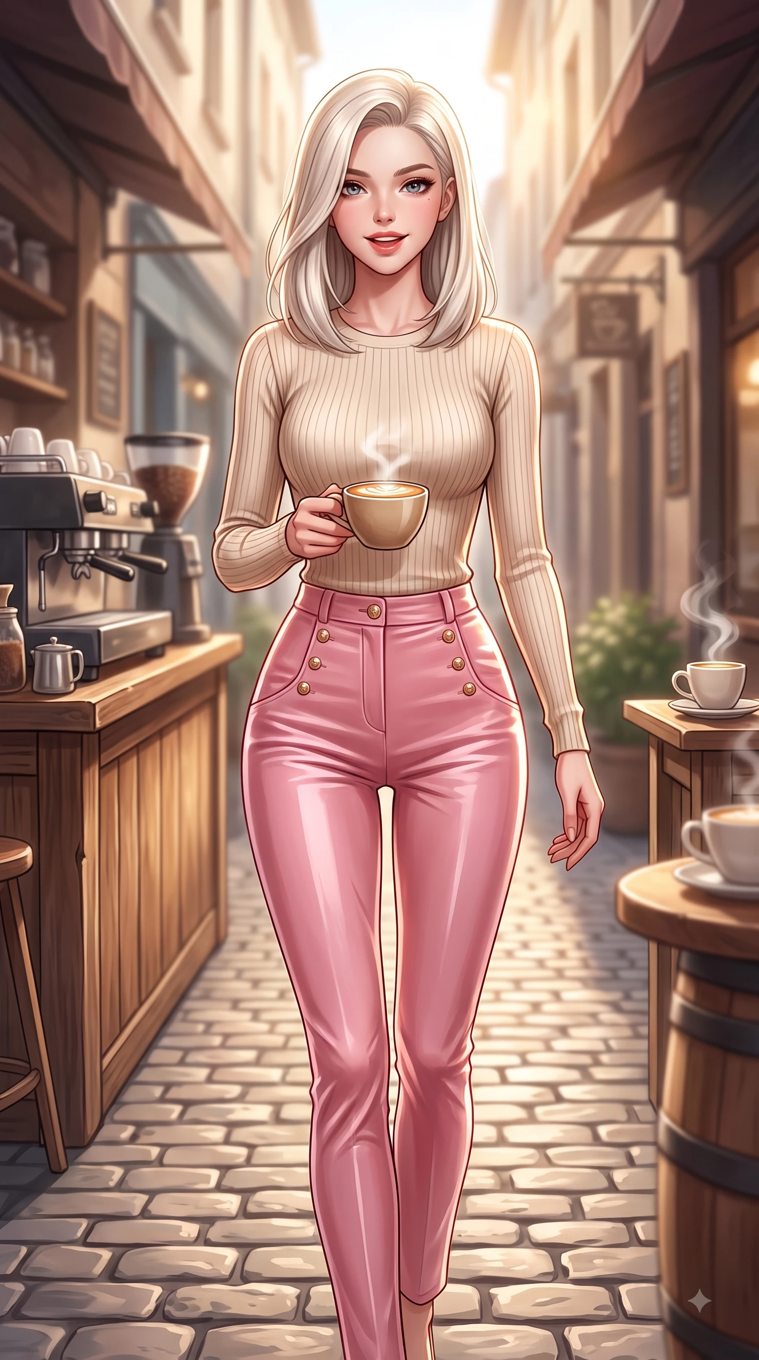 score_9, masterpiece, best quality, ultra-detailed, high-budget anime keyframe, editorial fashion photography, tasteful artistic composition, Caucasian woman. close-up cowboy shot from the waist and thighs up, the character dominates the composition, filling the frame with her large presence. Playful cute expression with a warm smile and parted lips, looking right into the camera with vibrant energy while stepping along a quiet alley lined with artisanal coffee shops under warm sunlight. The composition keeps background elements in soft focus with dreamy bokeh. steaming latte cups and rustic coffee bar counters blurred smoothly behind her. She has an exceptionally elegant, slender, and willowy female figure with an ultra-slim waist, a gracefully sculpted slender torso, and a refined silhouette. sharp v-shaped jawline, high-bridge nose, intricate jewel-like eyes with depth, thick eyelashes, glossy lips with a natural sheen, flawlessly proportioned anatomical accuracy, natural body alignment, perfectly sculpted elegant limbs, clean dynamic posture without body distortion. wearing a form-contouring ribbed knit top paired with high-waisted tailored stretch trousers in bright cherry blossom pink and champagne, made of lustrous stretch velvet, adorned with delicate gold buttons along the front, the sleek second-skin texture accentuating her magnetic presence. surrounded by a cozy, intimate, and relaxing cafe atmosphere. highly saturated vibrant anime colors, detailed shading with soft gradients, rich glossy textures, high-contrast stereoscopic depth, volumetric dynamic lighting, master piece, 9:16 ratio