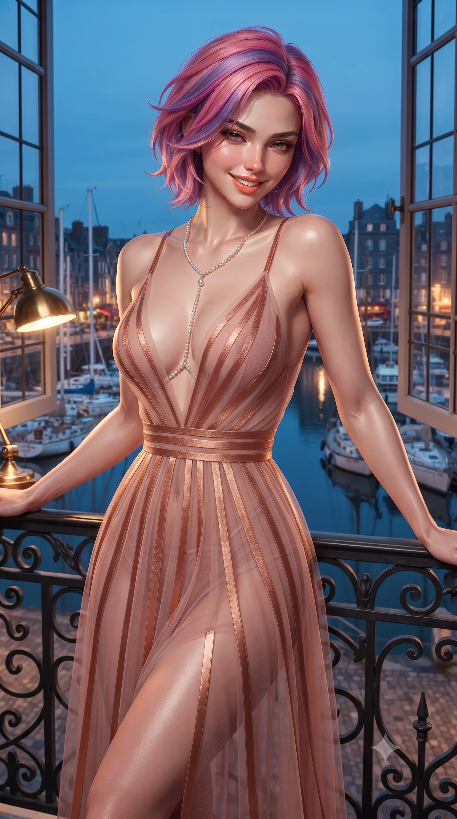 score_9, masterpiece, best quality, ultra-detailed, high-budget anime keyframe, editorial fashion photography, tasteful artistic composition, Caucasian woman. close-up cowboy shot from the waist and thighs up, the character dominates the composition, filling the frame with her large presence. leaning back against the balustrade with relaxed seductive grace, head tilted back slightly while casting a hypnotic, heavy-lidded gaze while leaning against the leaded dormer window frame with hips cocked back, looking down at the illuminated sailing yachts of the Vieux Bassin with smoldering bedroom-eyes. The surrounding environment is rendered in vivid detail and crisp panoramic clarity: detailed outfit silhouette, fabric cling or tailoring, and Norman maritime craft in high resolution. She has an exceptionally elegant, slender, and willowy female figure with an ultra-slim waist, flat toned midriff, narrow ribcage, and sculpted feminine hips creating an alluring, slim hourglass silhouette without bulk. sharp v-shaped jawline, high-bridge nose, intricate jewel-like sparkling eyes with depth, thick eyelashes, glossy parted lips with a natural peach sheen, bright cheerful beaming smile with an enchanting and coquettish sensual glint, exuding both youthful cute charm and seductive allure, flawlessly proportioned anatomical accuracy, strict slender model proportions, natural body alignment, perfectly sculpted long slender limbs, ultra-slim waistline, clean dynamic posture without body distortion. wearing a plunge-front sheer illusion tulle slip dress with liquid gold ribbon stripes hugging her curves in rose-quartz blush and burnished copper, crafted from bespoke double-faced cashmere with an exceptionally soft tactile finish, accented with a pearl-drop body harness subtly framing her dewy collarbones and spine, the liquid-tight tailored fabric clinging flawlessly to her narrow waist and rounded feminine hips, emphasizing every millimeter of her sculpted slim hourglass curves without any bulky heaviness. bathed in the warm intimate 2400K glow of brass desk lamps mixed with blue twilight pouring through dormer windows. ultra-reflective glossy finish, specular highlights, rich textural contrasts, high-contrast stereoscopic depth, volumetric dynamic lighting, 2k, ultra detail, master piece, 9:16 ratio