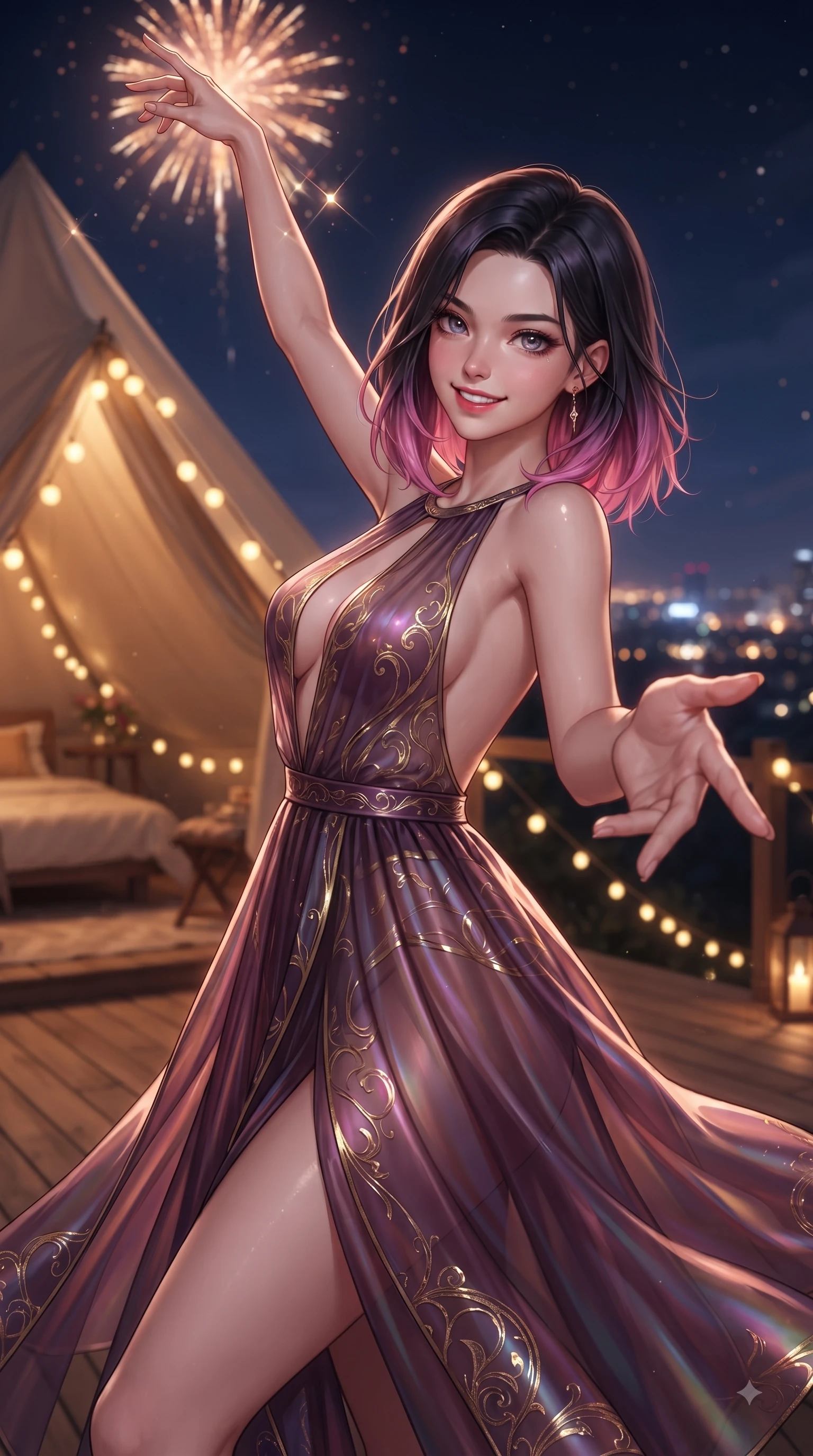 score_9, masterpiece, best quality, ultra-detailed, high-budget anime keyframe, editorial fashion photography, tasteful artistic composition, Korean woman. close-up cowboy shot from the waist and thighs up, the character dominates the composition, filling the frame with her large presence, background elements kept in soft focus. Extending one arm in an elegant stretch toward the sun while smiling with vibrant, magnetic self-assurance while reaching her hand toward the camera while dancing on a wooden glamping terrace, glistening city lights and warm string fairy lamps creating rich ambient bokeh. She has an exceptionally elegant, slender, and willowy female figure with an ultra-slim waist, a gracefully sculpted slender torso, and a refined silhouette. sharp v-shaped jawline, high-bridge nose, intricate jewel-like eyes with depth, thick eyelashes, glossy lips with a natural sheen, flawlessly proportioned anatomical accuracy, natural body alignment, perfectly sculpted elegant limbs, clean dynamic posture without body distortion. wearing a translucent iridescent chiffon gown with a plunging neckline and open back in plum purple and gold filigree, crafted from iridescent chiffon that shifts colors in the light, accented with a Tasteful chest slit framing her clavicle gracefully, the glove-like fit emphasizing her statuesque silhouette during motion. bathed in festive firework explosions and warm amber fairy light radiance. ultra-reflective glossy finish, specular highlights, metallic sheen, high-contrast stereoscopic depth, volumetric dynamic lighting, 2k, ultra detail, master piece, 9:16 ratio