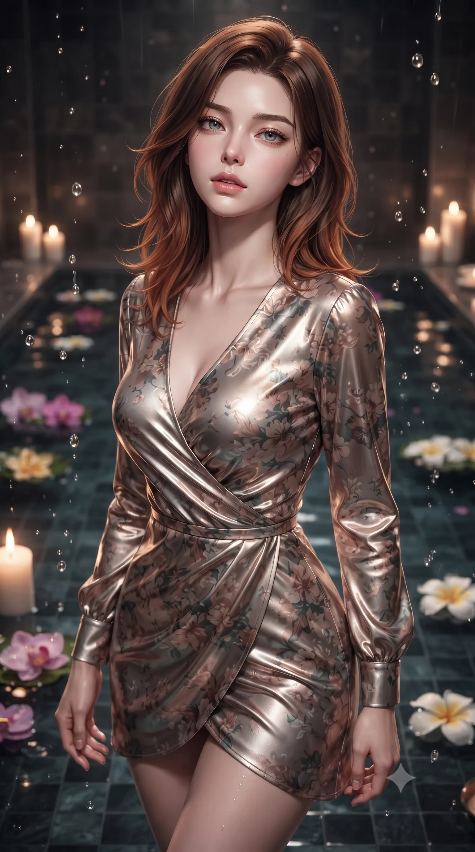 score_9, masterpiece, best quality, ultra-detailed, high-budget anime keyframe, editorial fashion photography, tasteful artistic composition, Korean woman woman. close-up cowboy shot from the waist and thighs up, the character dominates the composition, filling the frame with her large presence, background elements kept in soft focus. tilting her chin up slightly with lips parted in a composed, provocative expression the background shows a soft-focus a private indoor spa pool with dark tiled floors and floating flower blossoms. She has an exceptionally elegant, slender, and willowy female figure with an ultra-slim waist, a gracefully sculpted slender torso, and a refined silhouette. sharp v-shaped jawline, high-bridge nose, intricate jewel-like eyes with depth, thick eyelashes, glossy lips with a natural sheen. wearing a form-contouring flowy floral-patterned wrap dress with long sleeves and a modest V-neck. soft flickering candle glow refracting through the moving water droplets. ultra-reflective glossy finish, specular highlights, metallic sheen, high-contrast stereoscopic depth, volumetric dynamic lighting, 2k, ultra detail, master piece, 9:16 ratio